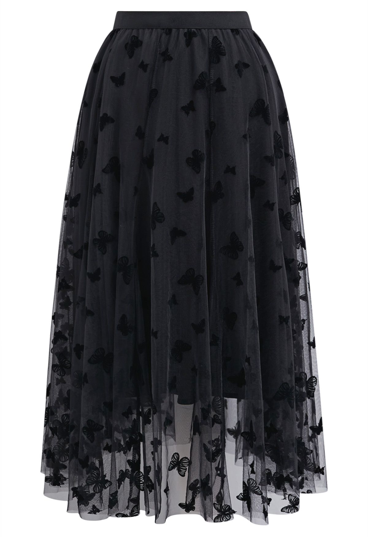 Waltzing Butterfly Mesh Tulle Midi Skirt in Black