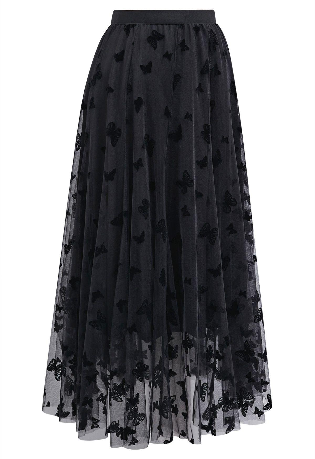 Waltzing Butterfly Mesh Tulle Midi Skirt in Black