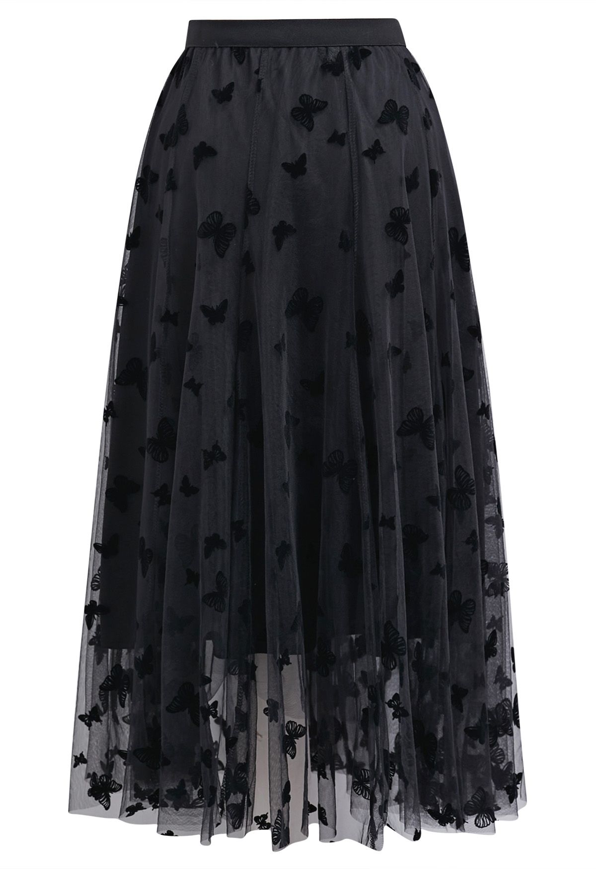 Waltzing Butterfly Mesh Tulle Midi Skirt in Black