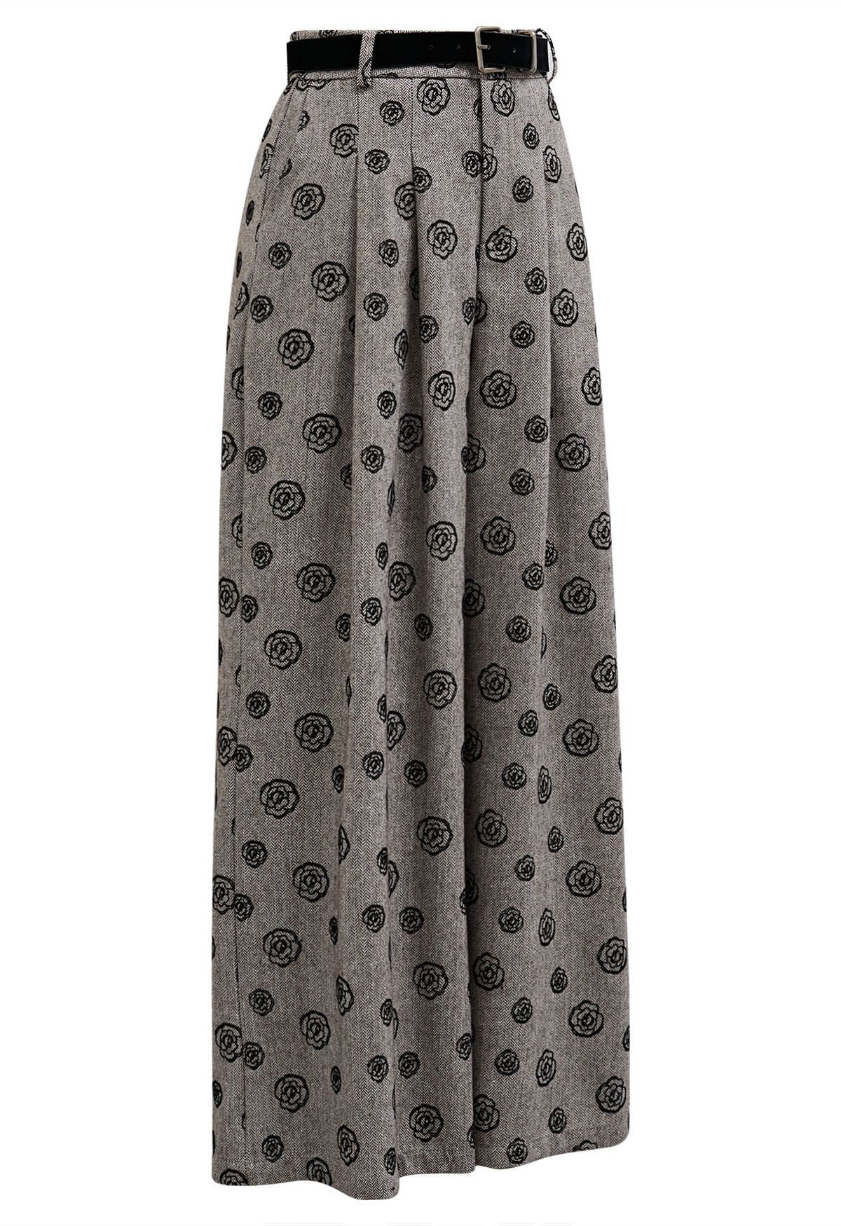 Velvet Rose Printed Herringbone Palazzo Pants with Belt in Khaki