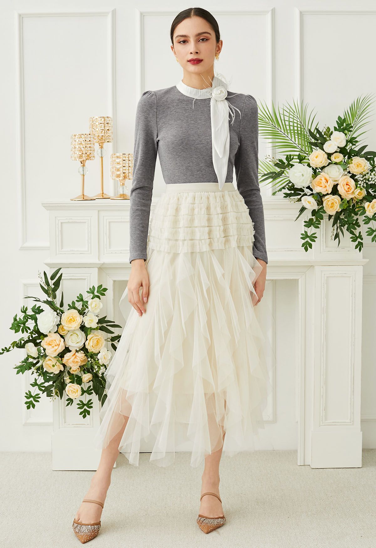 Ruffle Panelled Mesh Tulle Midi Skirt in Ivory