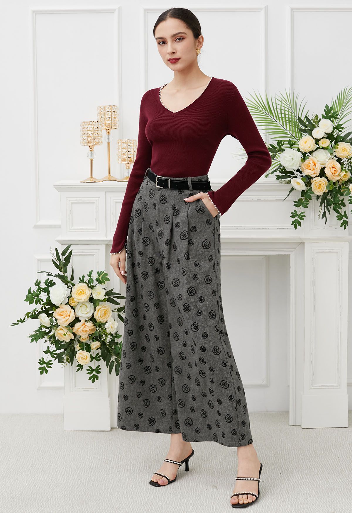 Velvet Rose Printed Herringbone Palazzo Pants with Belt in Smoke