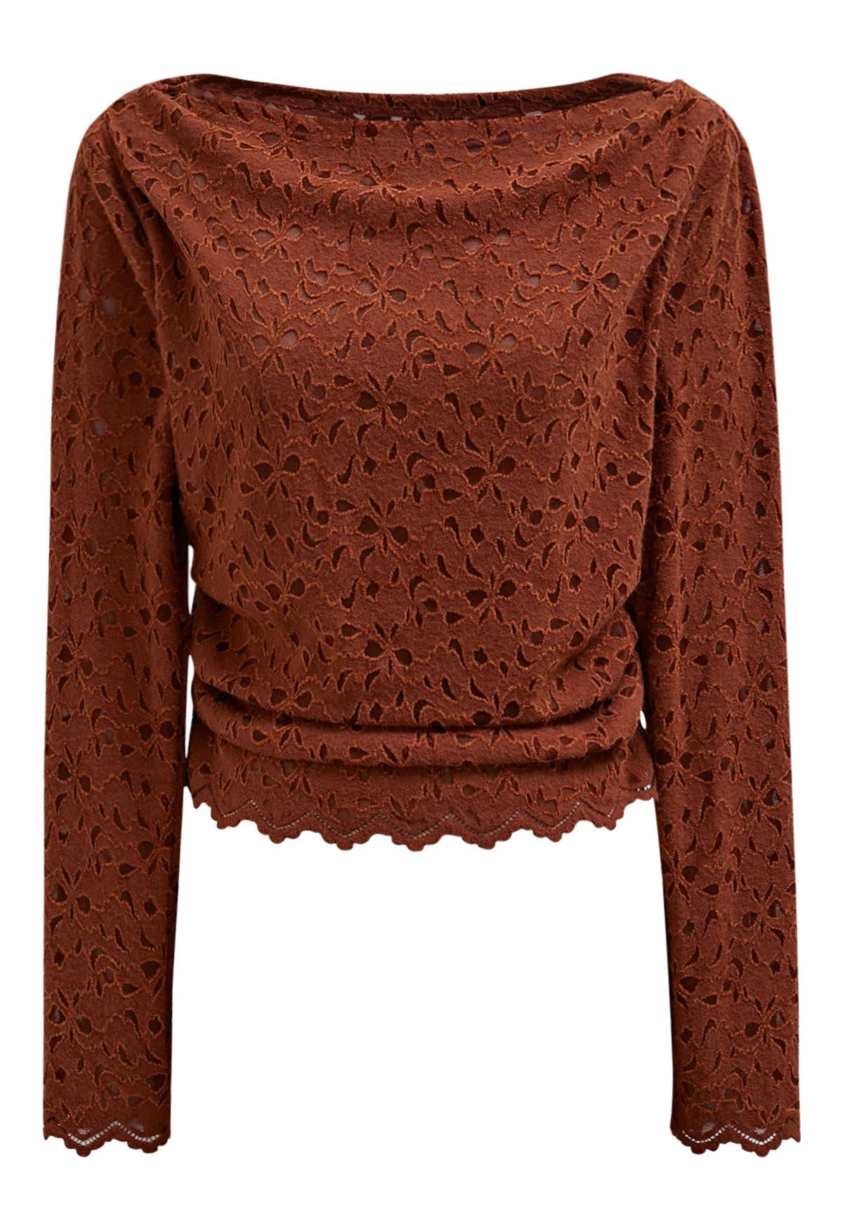 Floral Cutwork Boat Neck Mesh Top in Orange