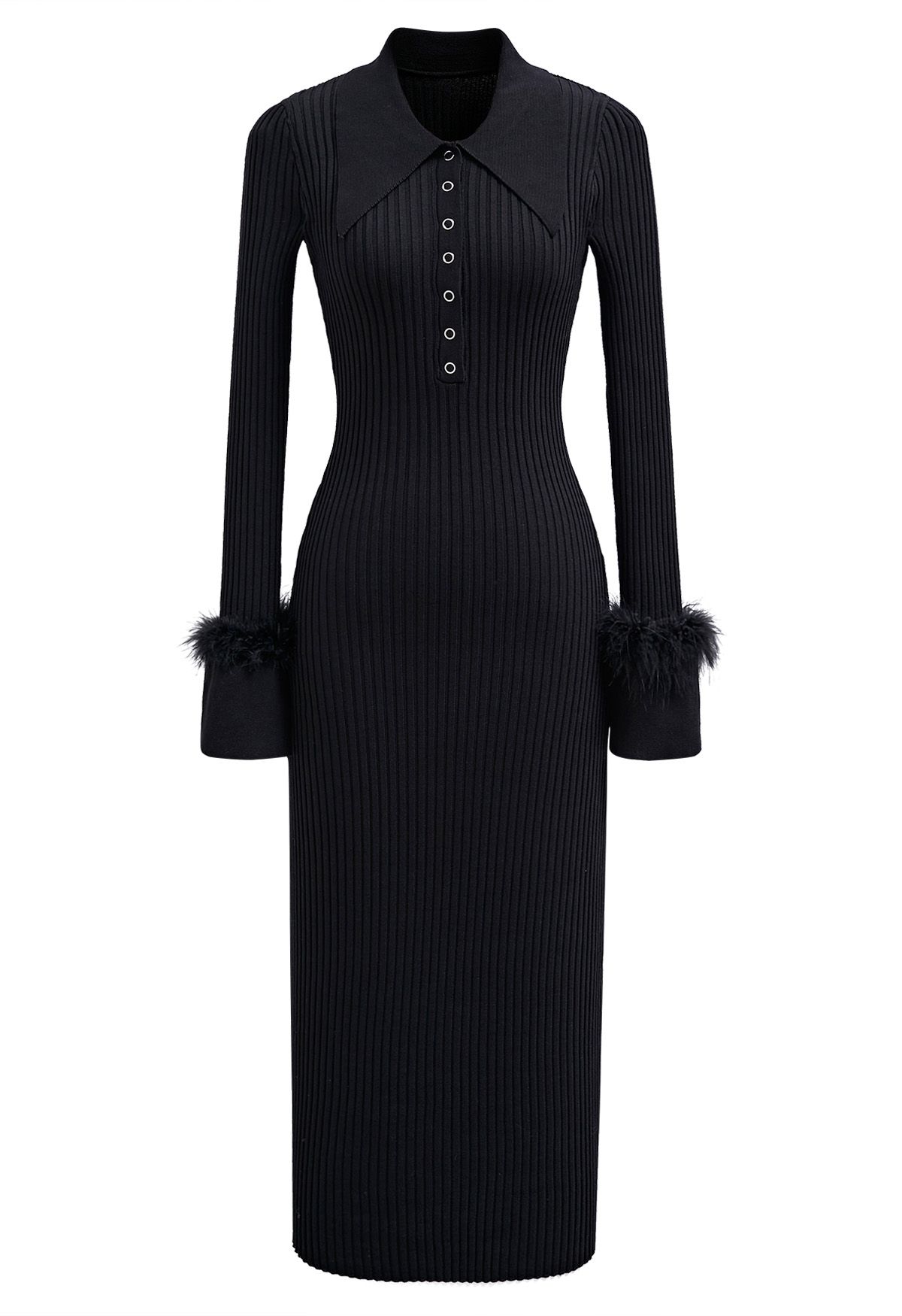 Feather Trim Cuffs Ribbed Knit Midi Dress