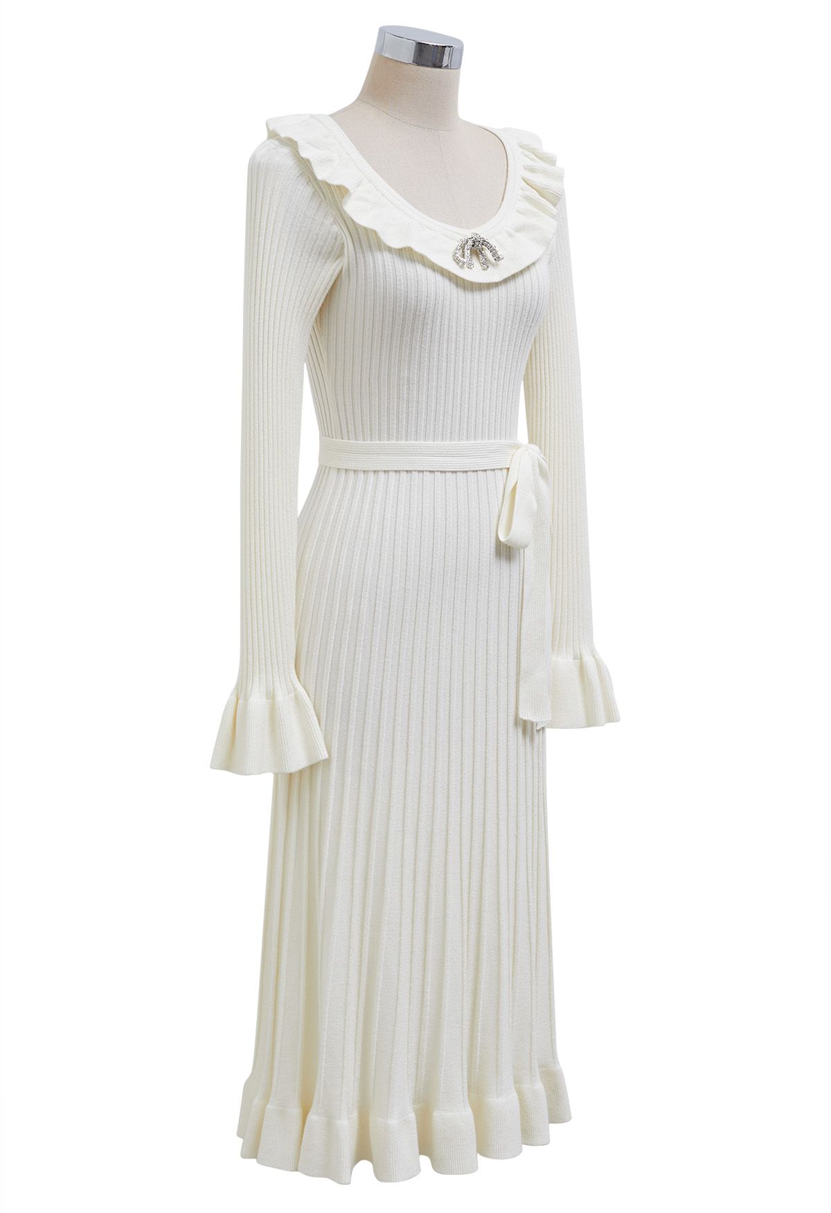 Ruffle Charm Tie Sash Ribbed Knit Dress in White