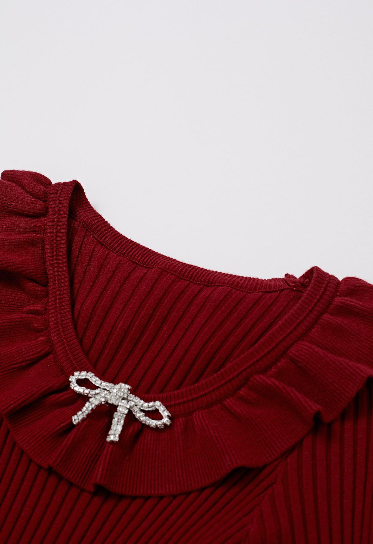 Ruffle Charm Tie Sash Ribbed Knit Dress in Red