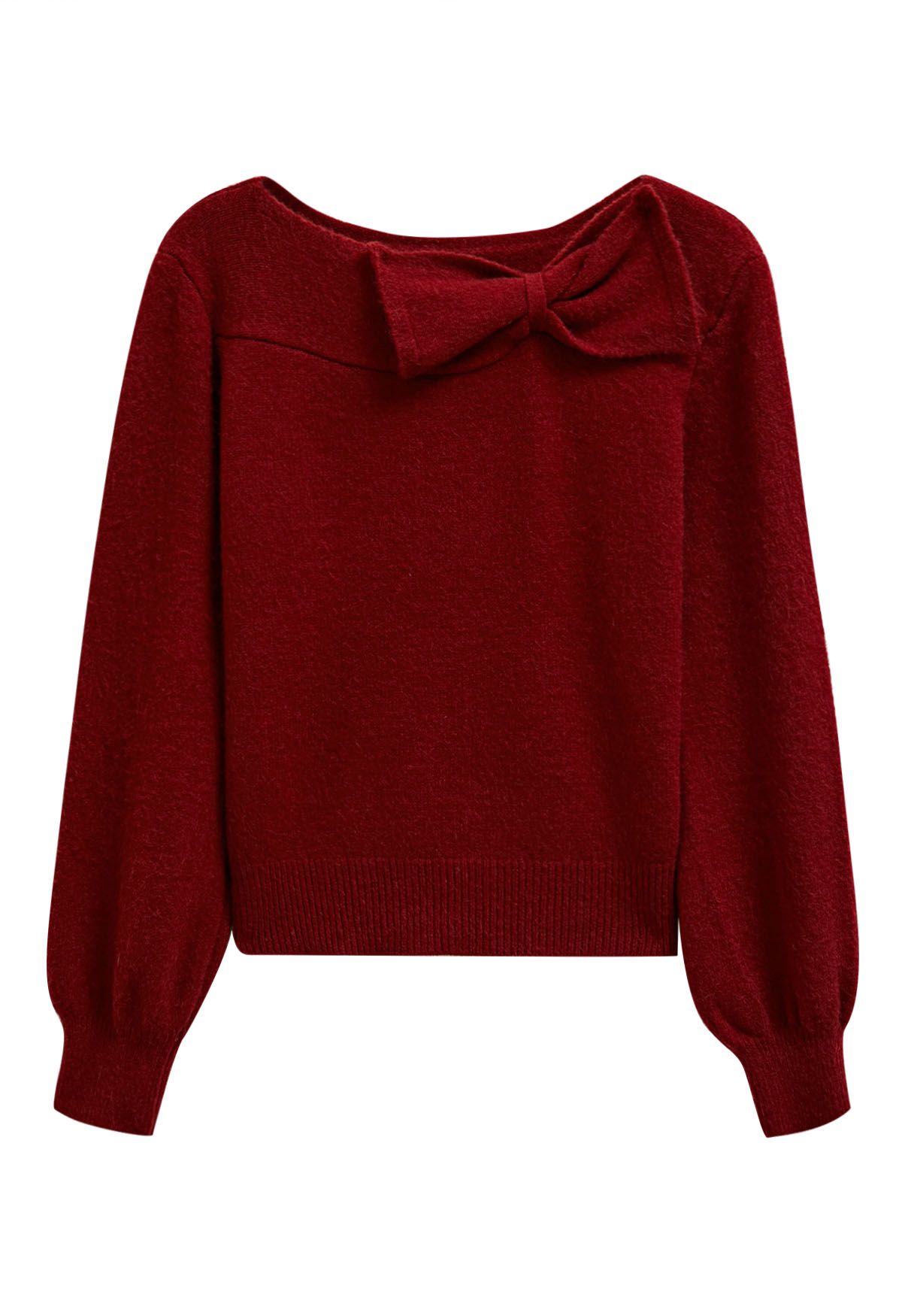 Bowknot-Trimmed Boat Neck Knit Sweater in Red