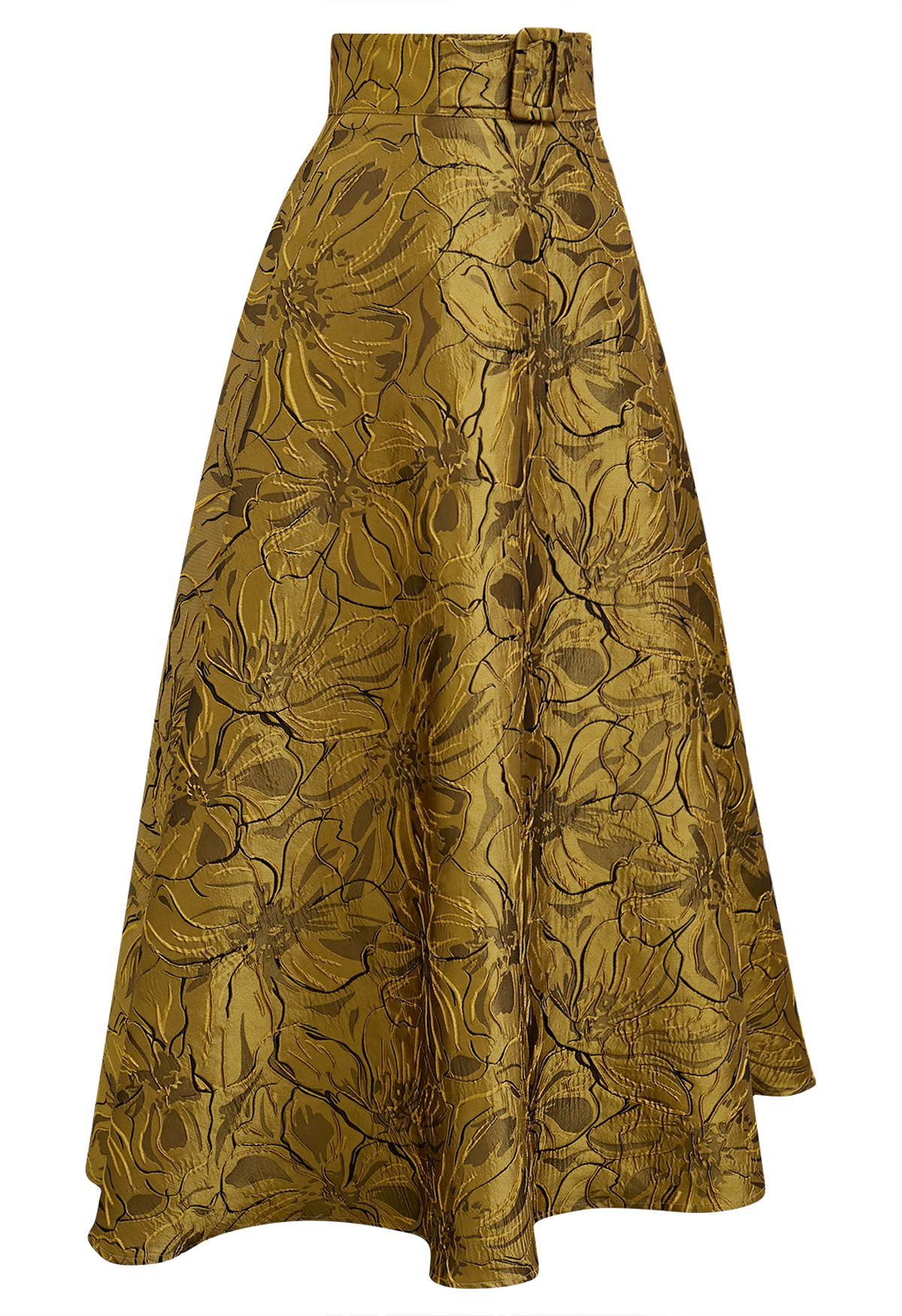 Ornate Bloom Jacquard Belted A-Line Maxi Skirt