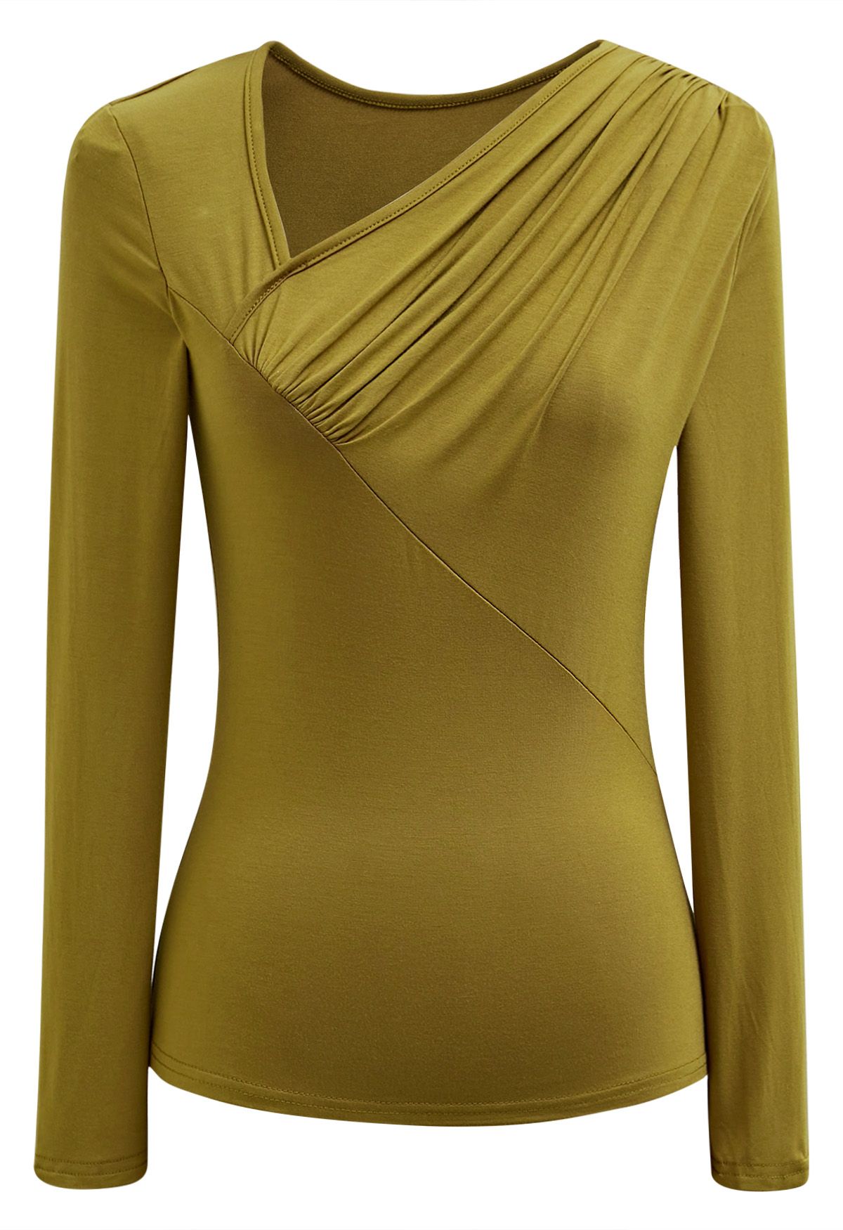 Oblique Ruched Neckline Fitted Top in Olive