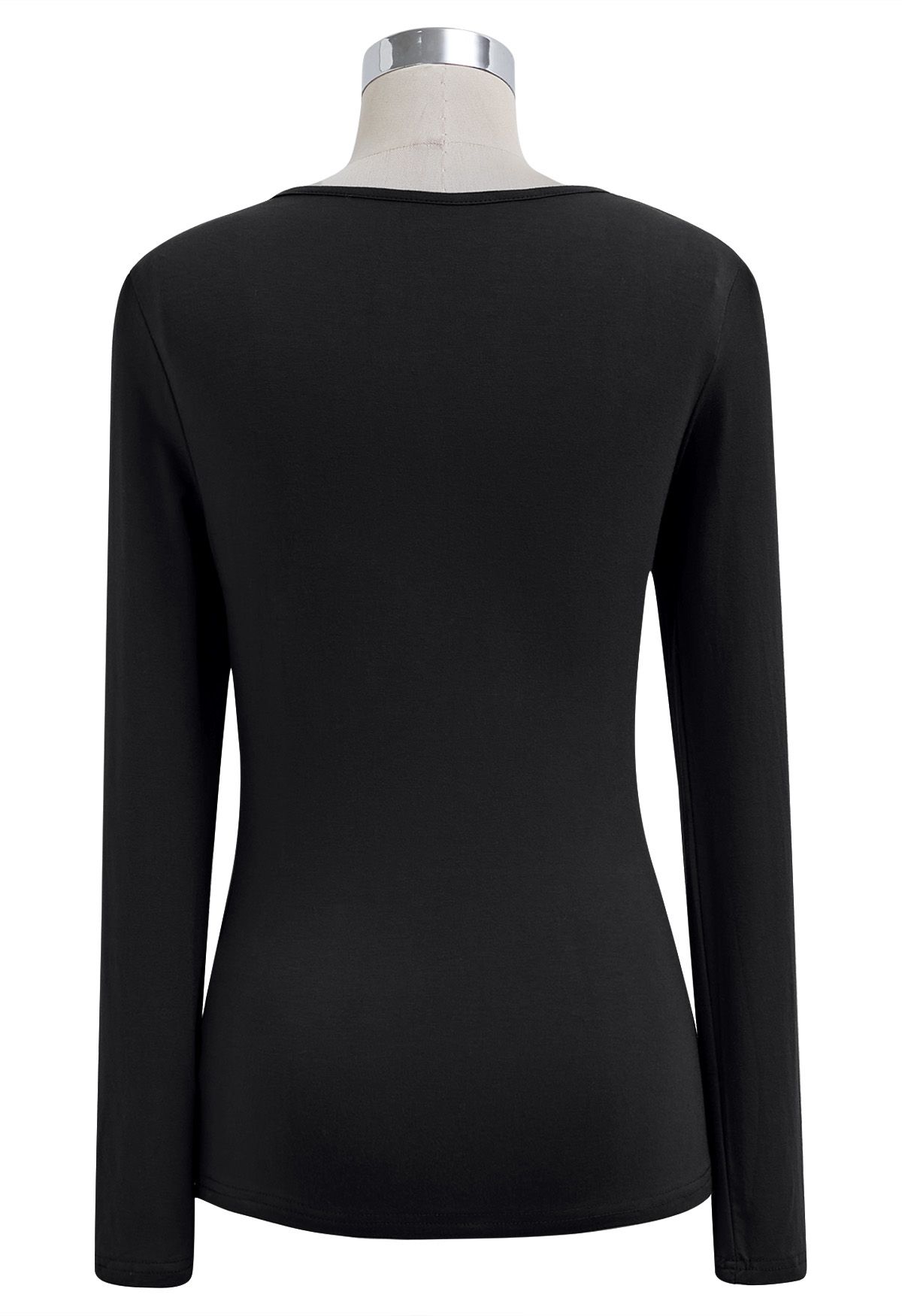 Oblique Ruched Neckline Fitted Top in Black