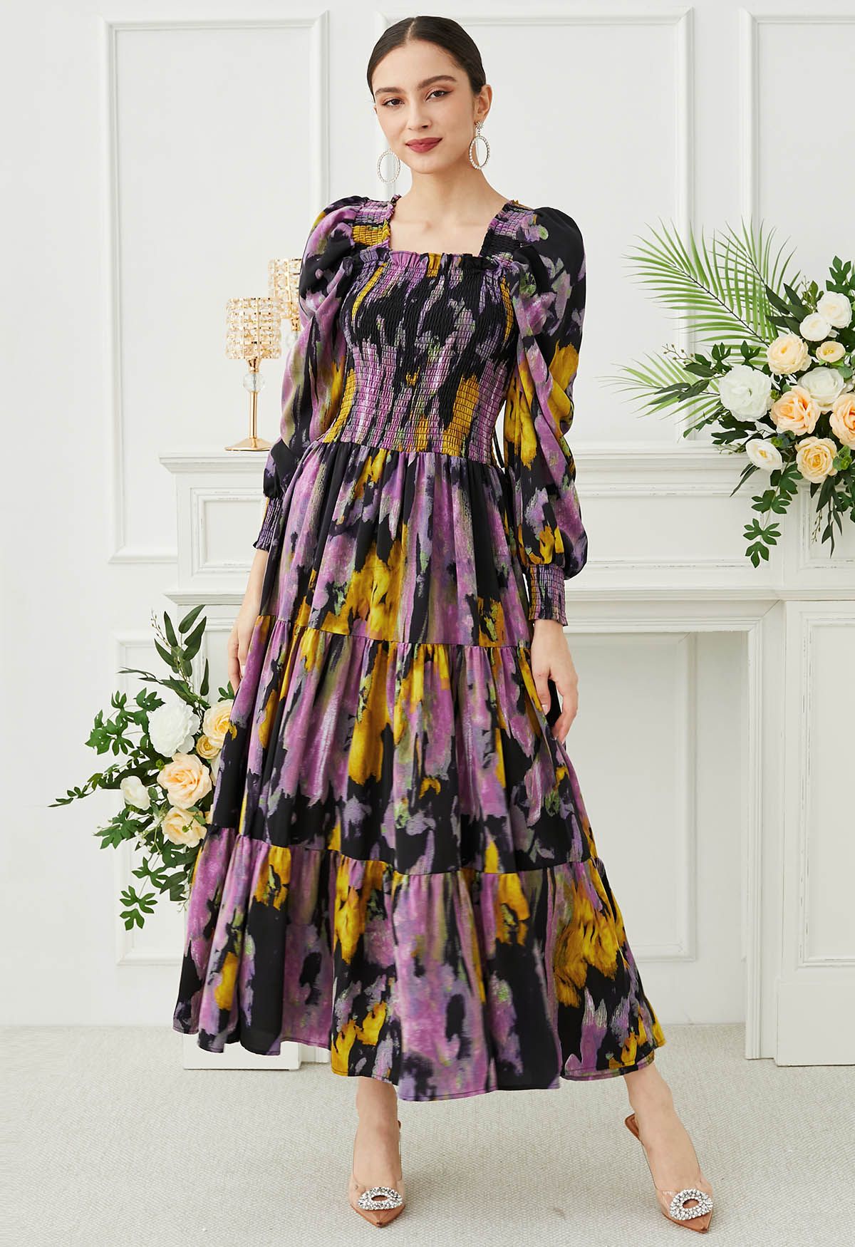 Painting Floral Puff Sleeves Shirred Maxi Dress