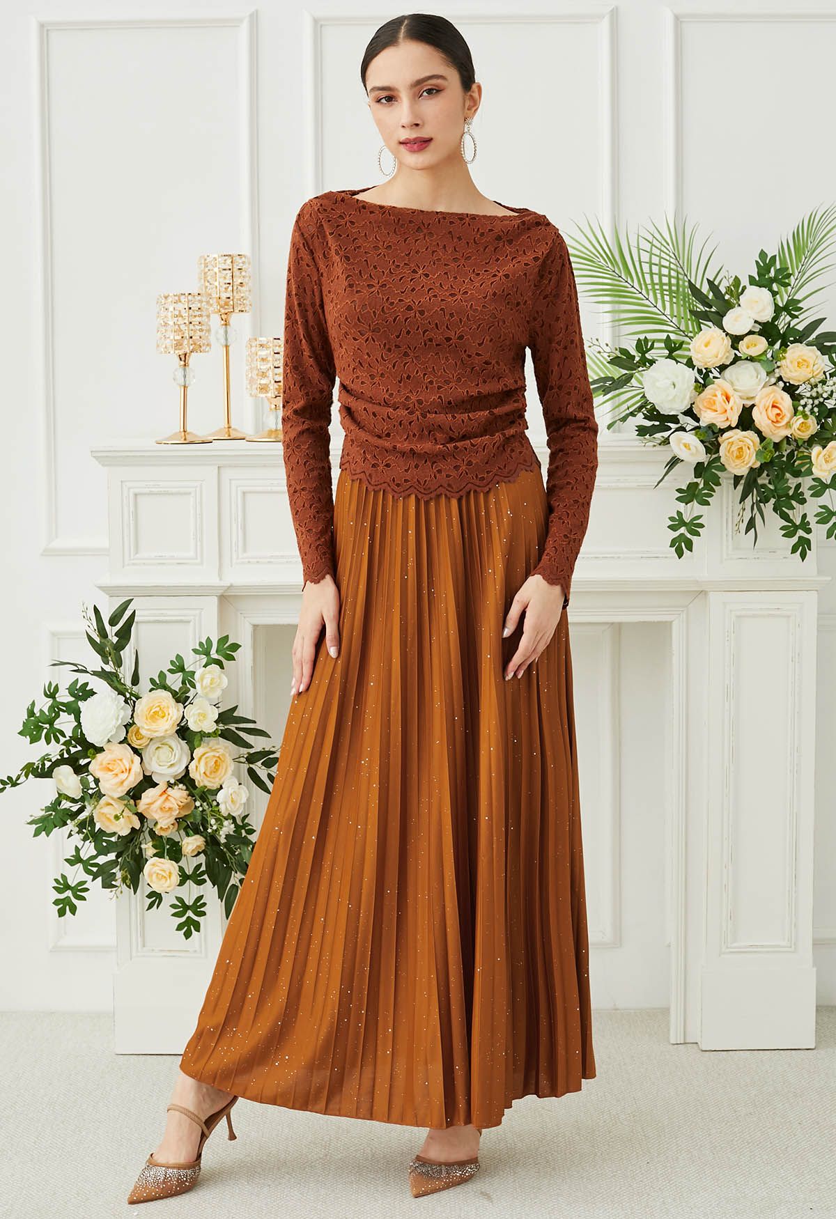 Twinkling Night Pleated Maxi Skirt in Pumpkin