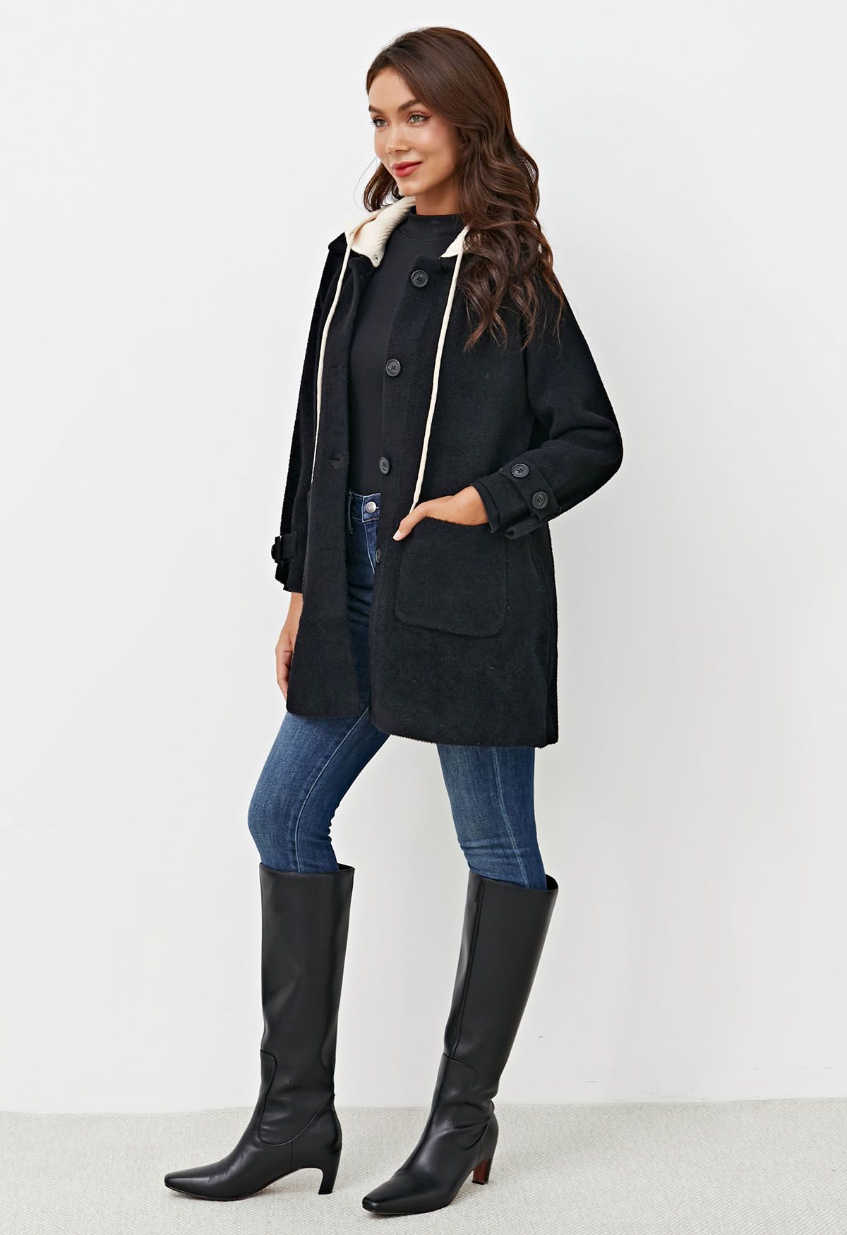 Detachable Hooded Collared Button Down Knit Coat in Black