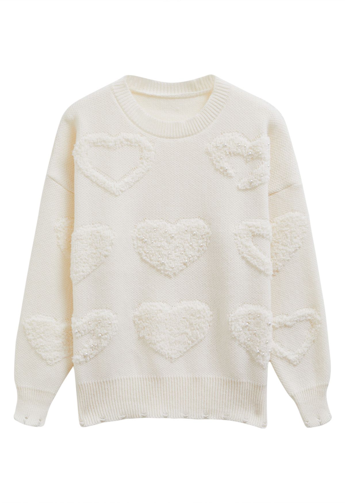 Pearl Trim Heart Jacquard Oversized Knit Sweater in Ivory