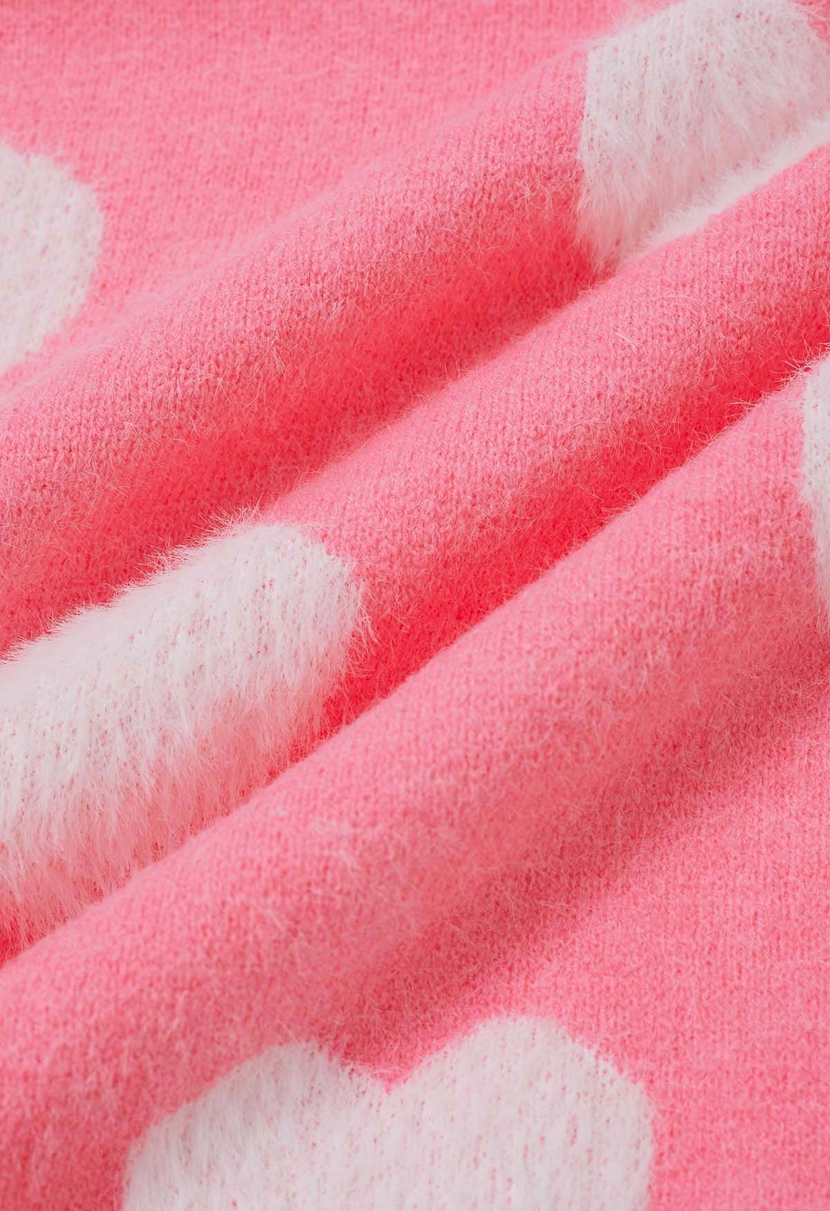 Contrast Fuzzy Heart Crew Neck Knit Sweater in Candy Pink