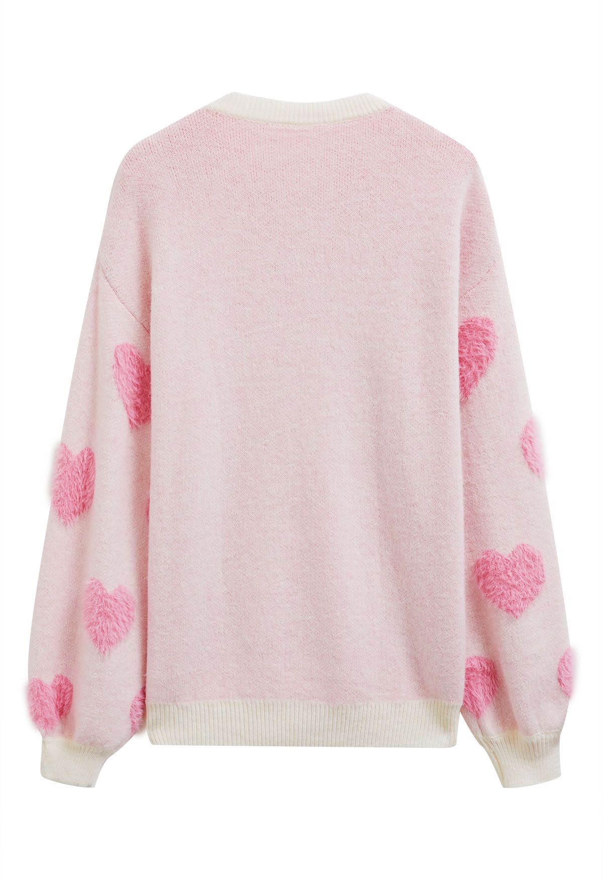 Contrast Fuzzy Heart Crew Neck Knit Sweater in Light Pink