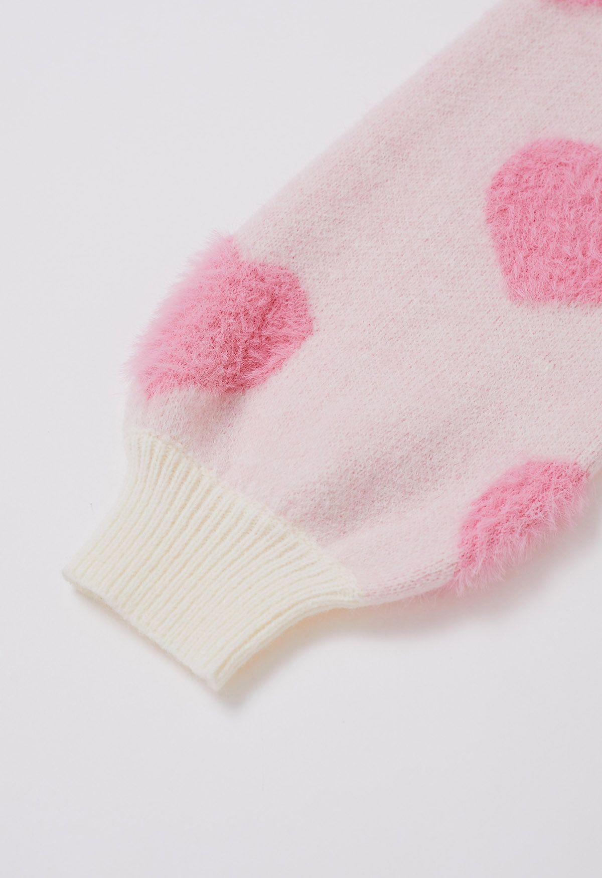 Contrast Fuzzy Heart Crew Neck Knit Sweater in Light Pink