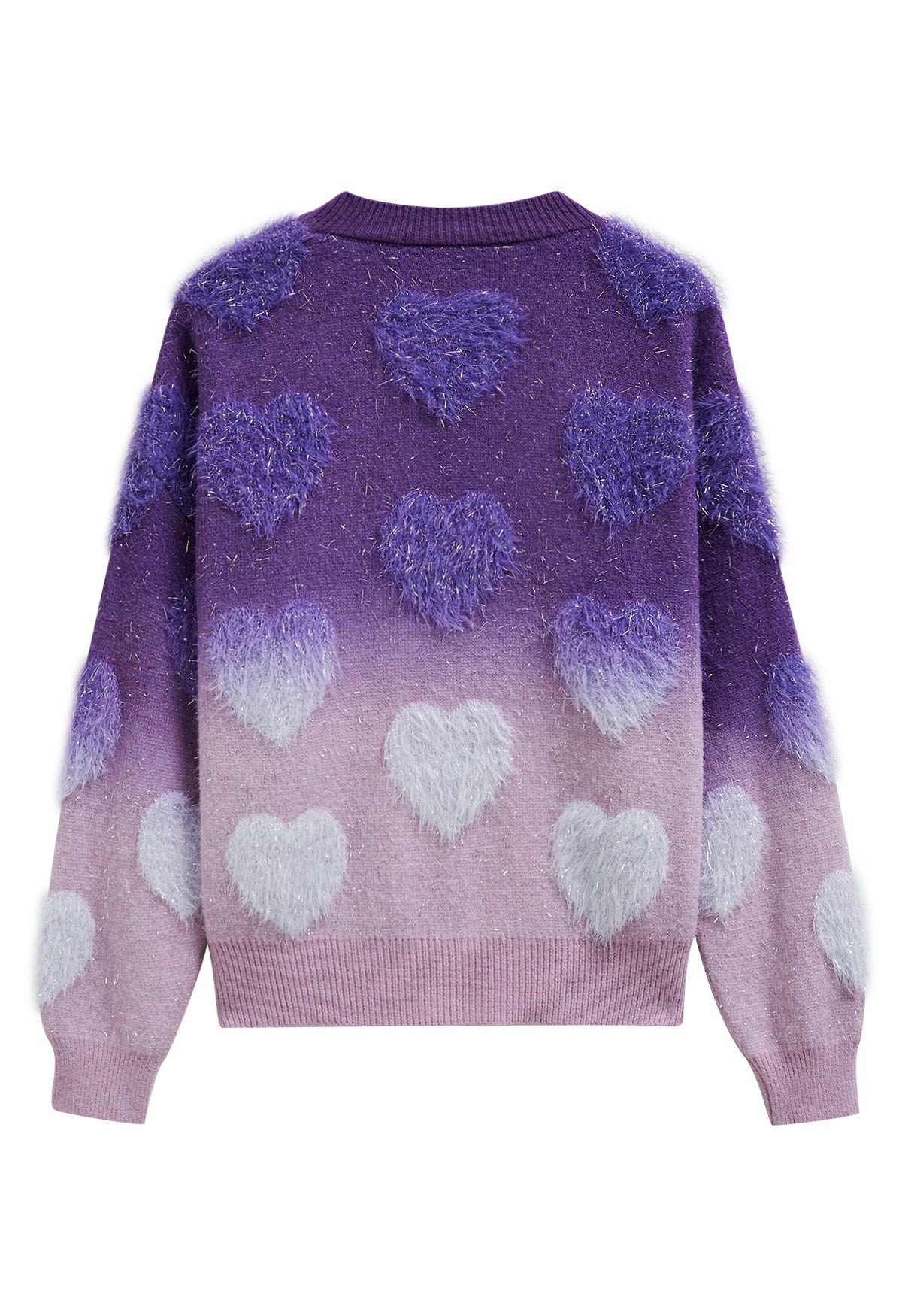 Ombre Fuzzy Heart Fringe Knit Sweater in Purple