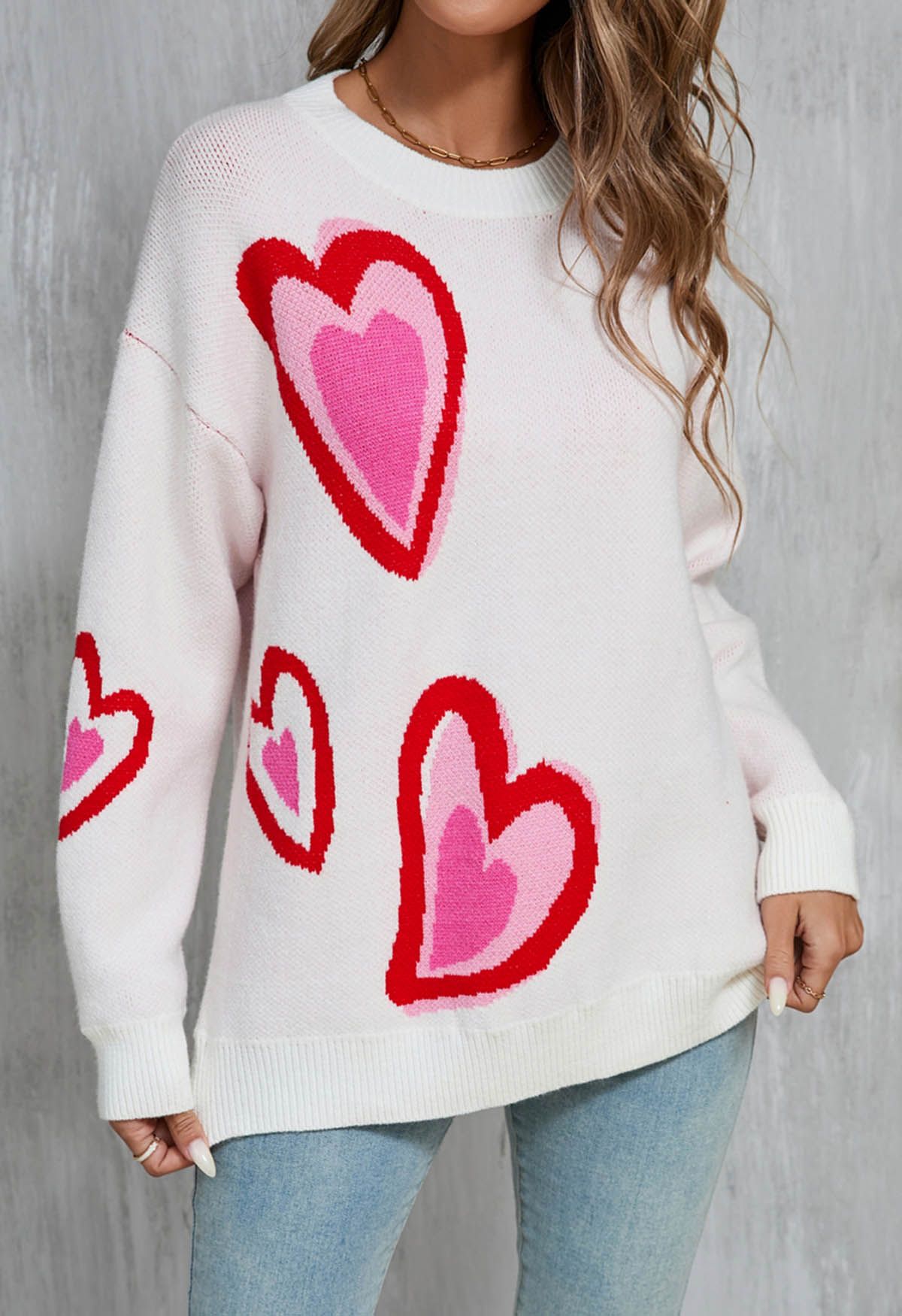 Heart Fluttering Crew Neck Knit Sweater in White