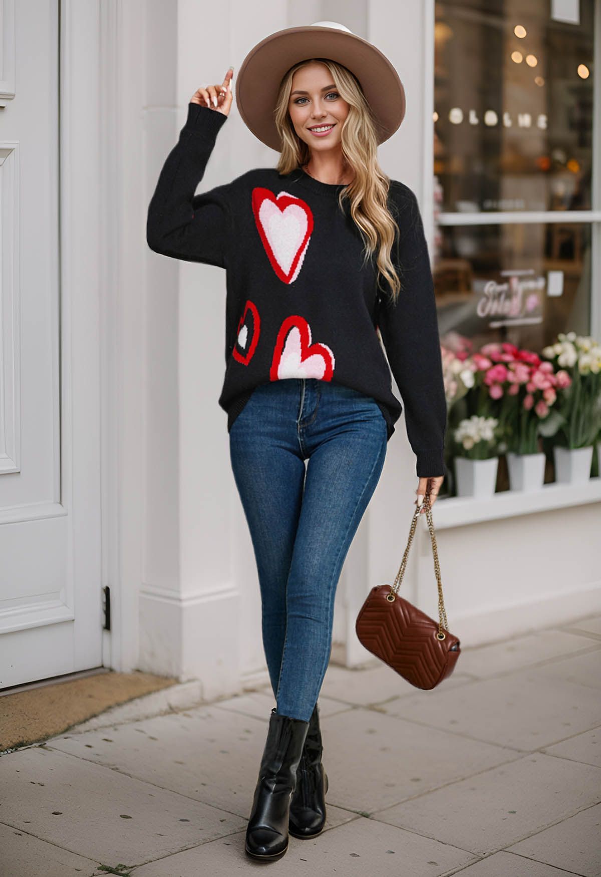 Heart Fluttering Crew Neck Knit Sweater in Black