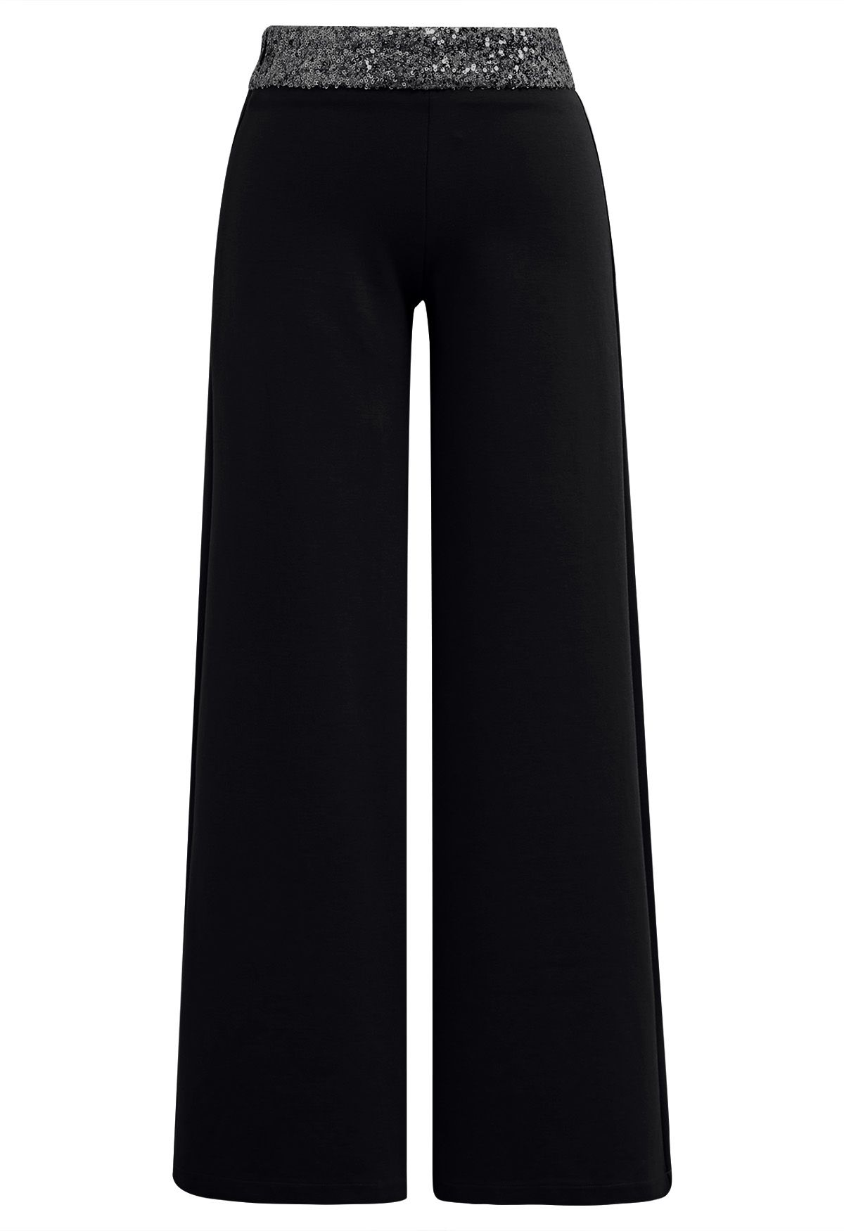 Sequin Accented Waist Straight-Leg Pants in Black