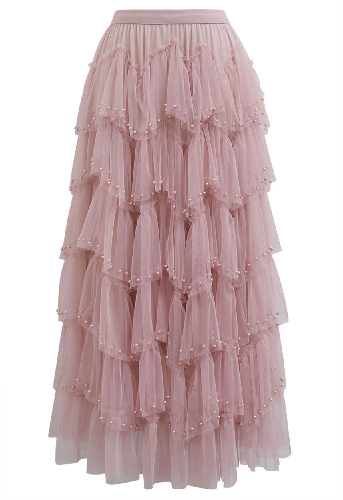 Ethereal Tiered Pearl Tulle Maxi Skirt in Dusty Pink