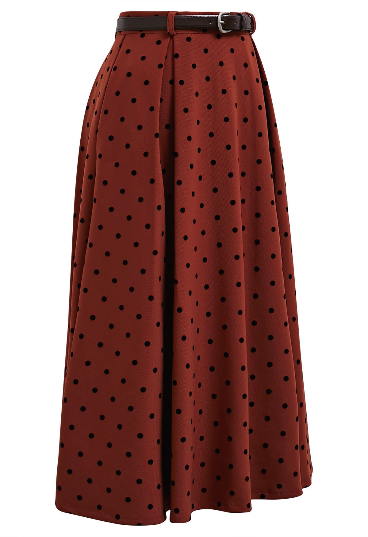 Velvet Polka Dot Belted A-Line Midi Skirt