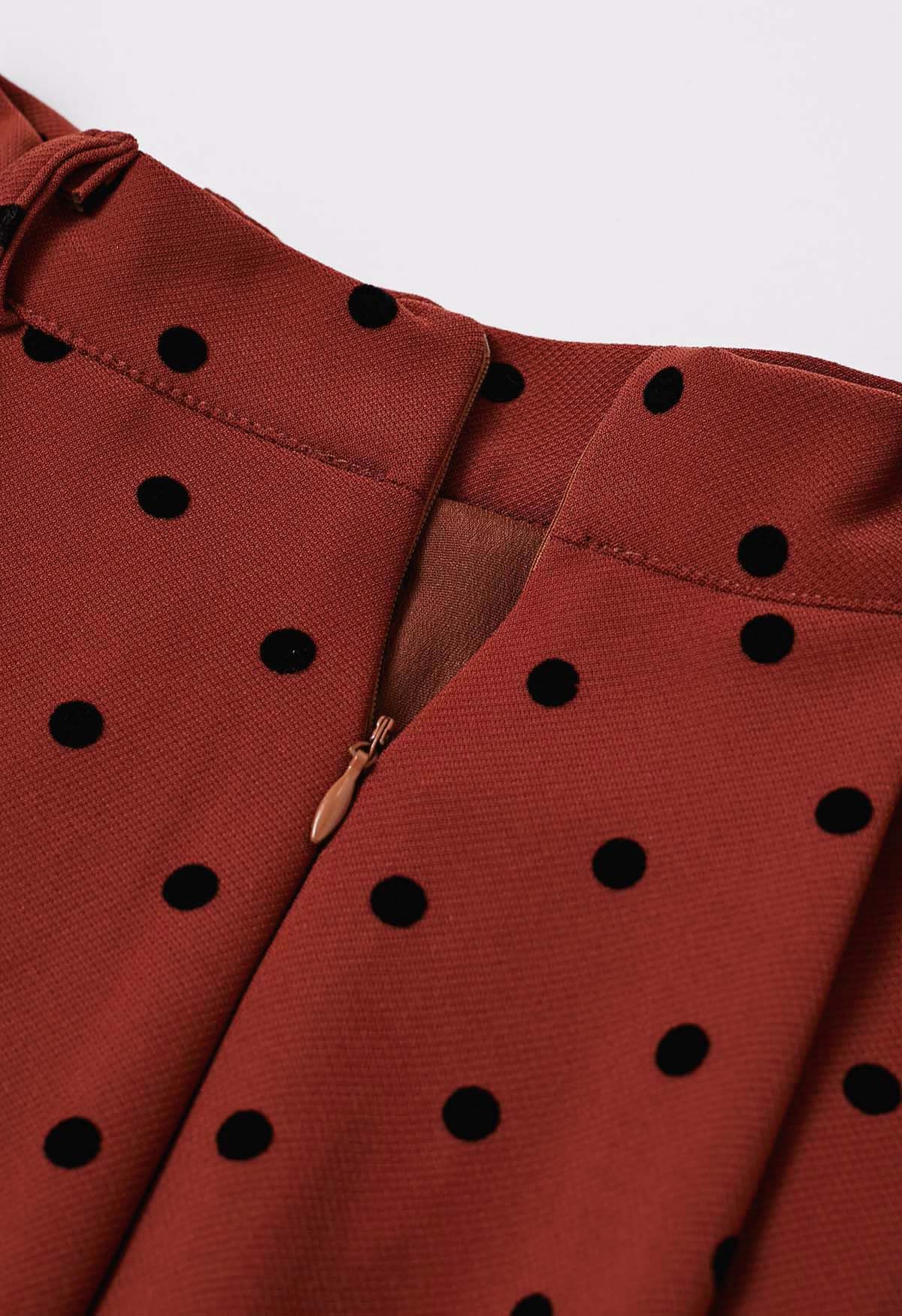 Velvet Polka Dot Belted A-Line Midi Skirt