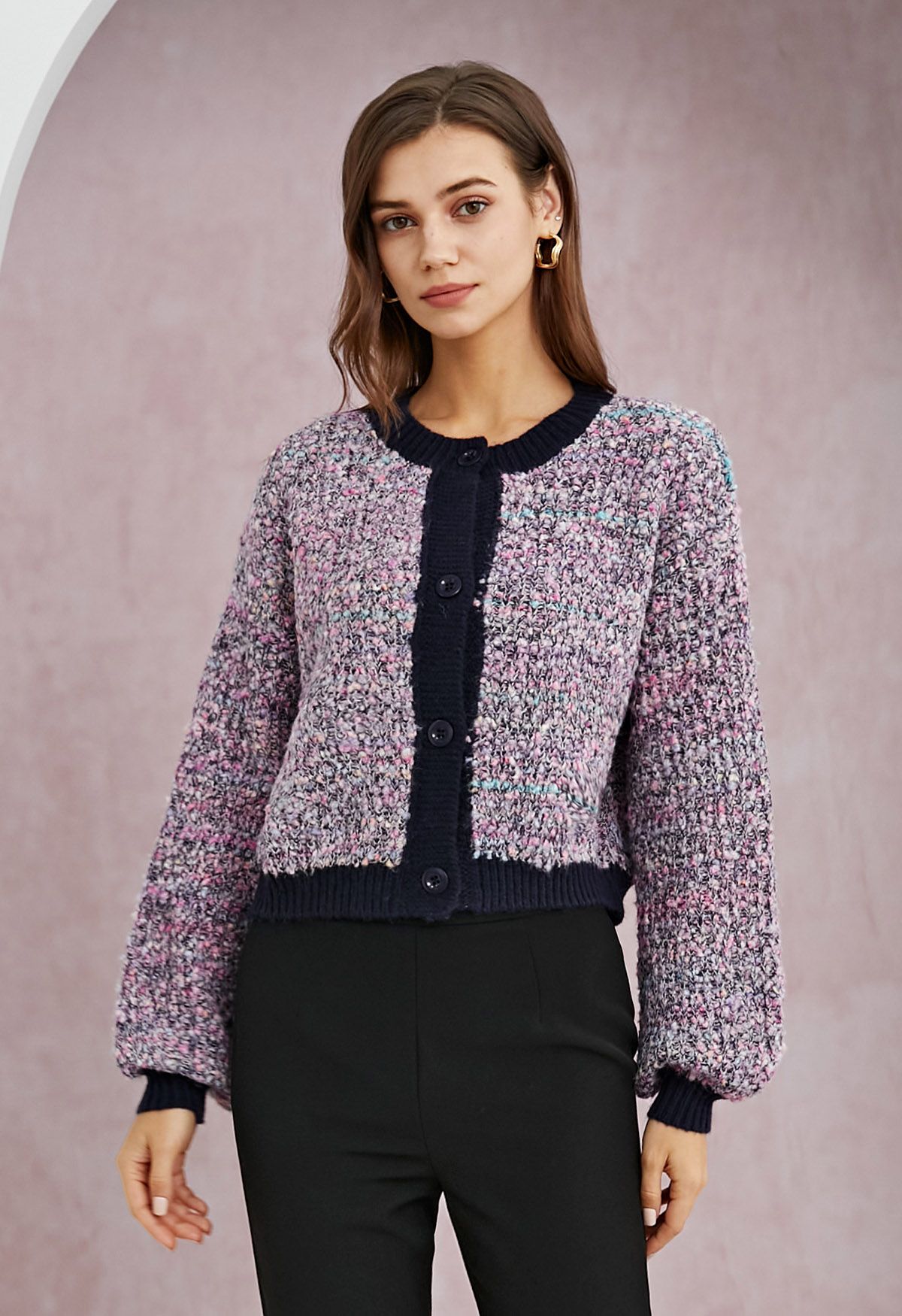 Confetti Puff Sleeves Crop Button Knit Cardigan