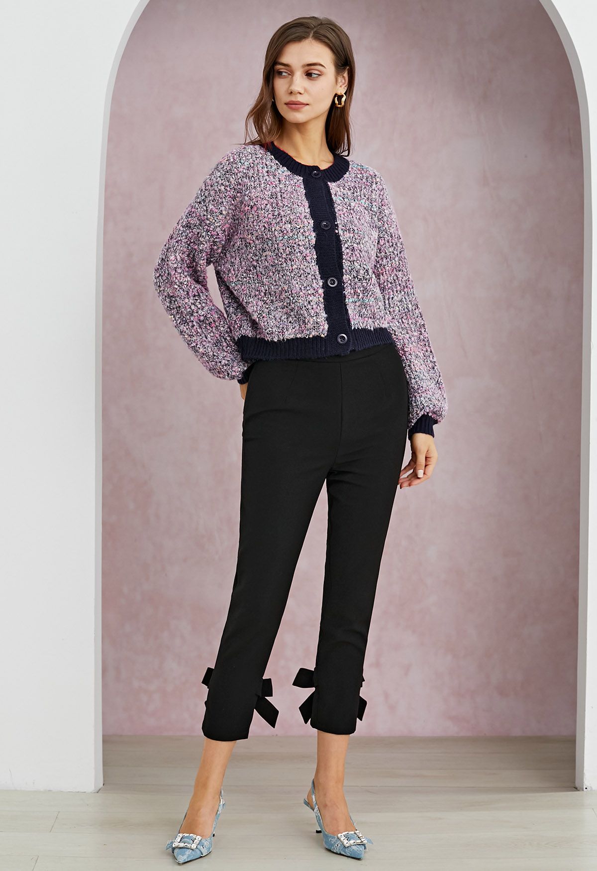 Confetti Puff Sleeves Crop Button Knit Cardigan