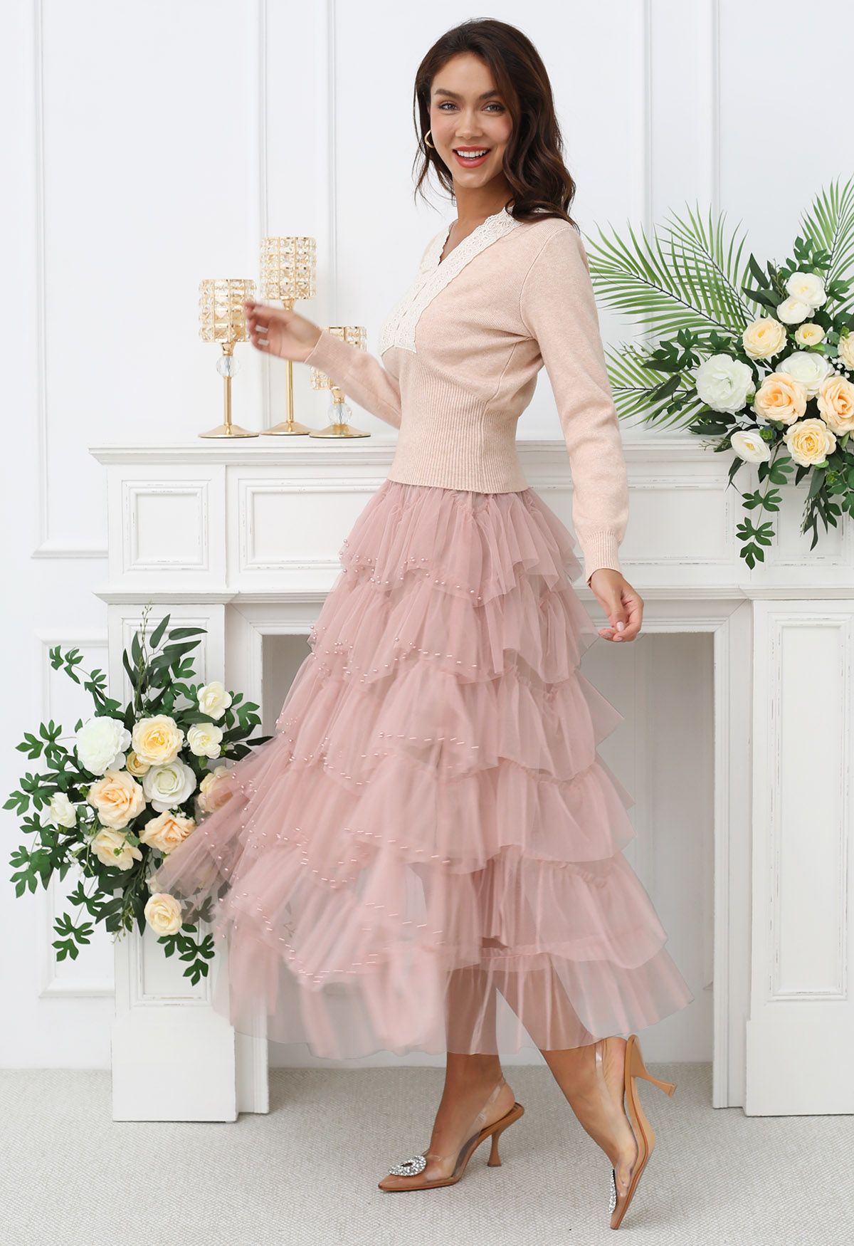 Ethereal Tiered Pearl Tulle Maxi Skirt in Dusty Pink