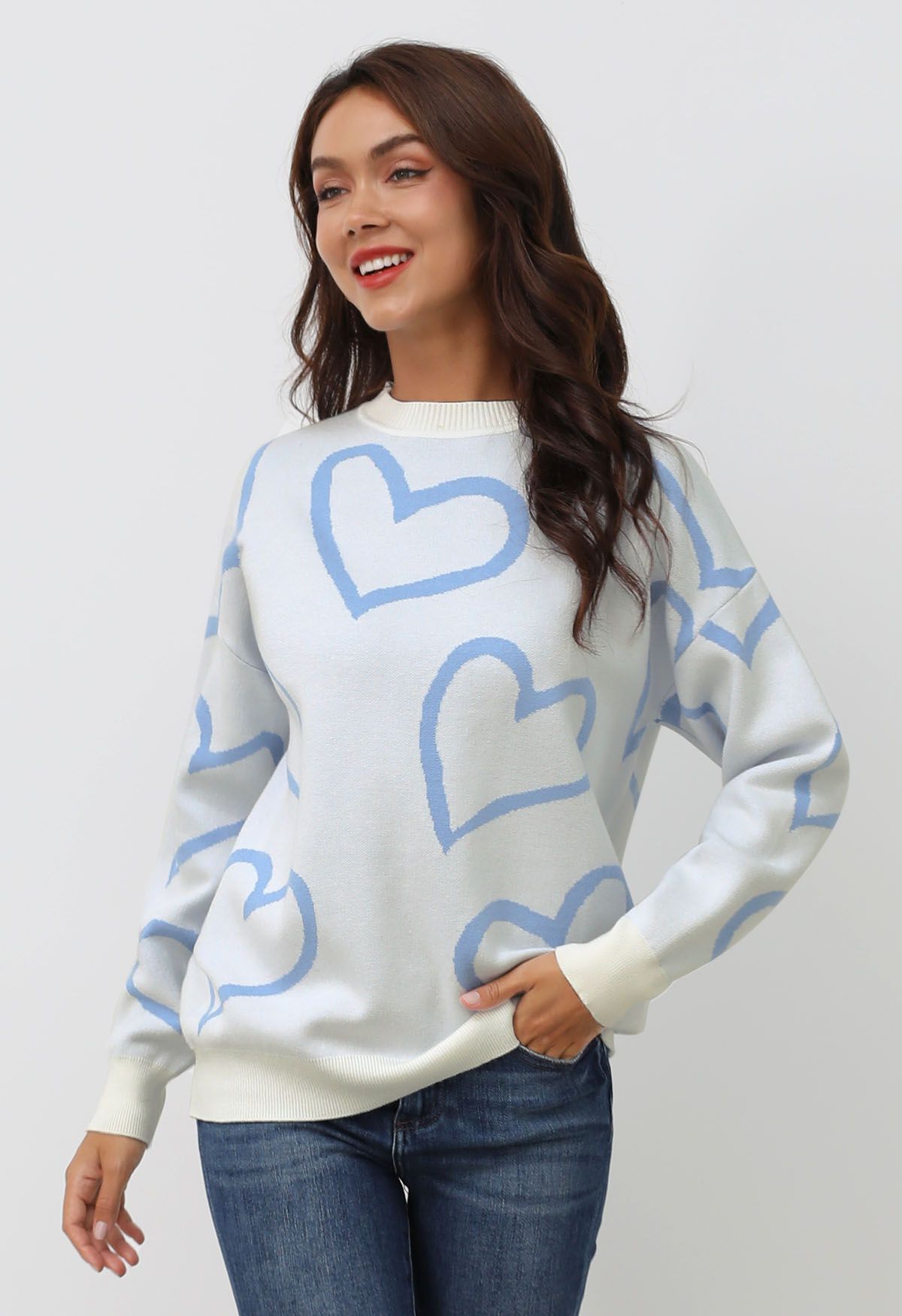 Lovable Heart Crew Neck Knit Sweater in Baby Blue