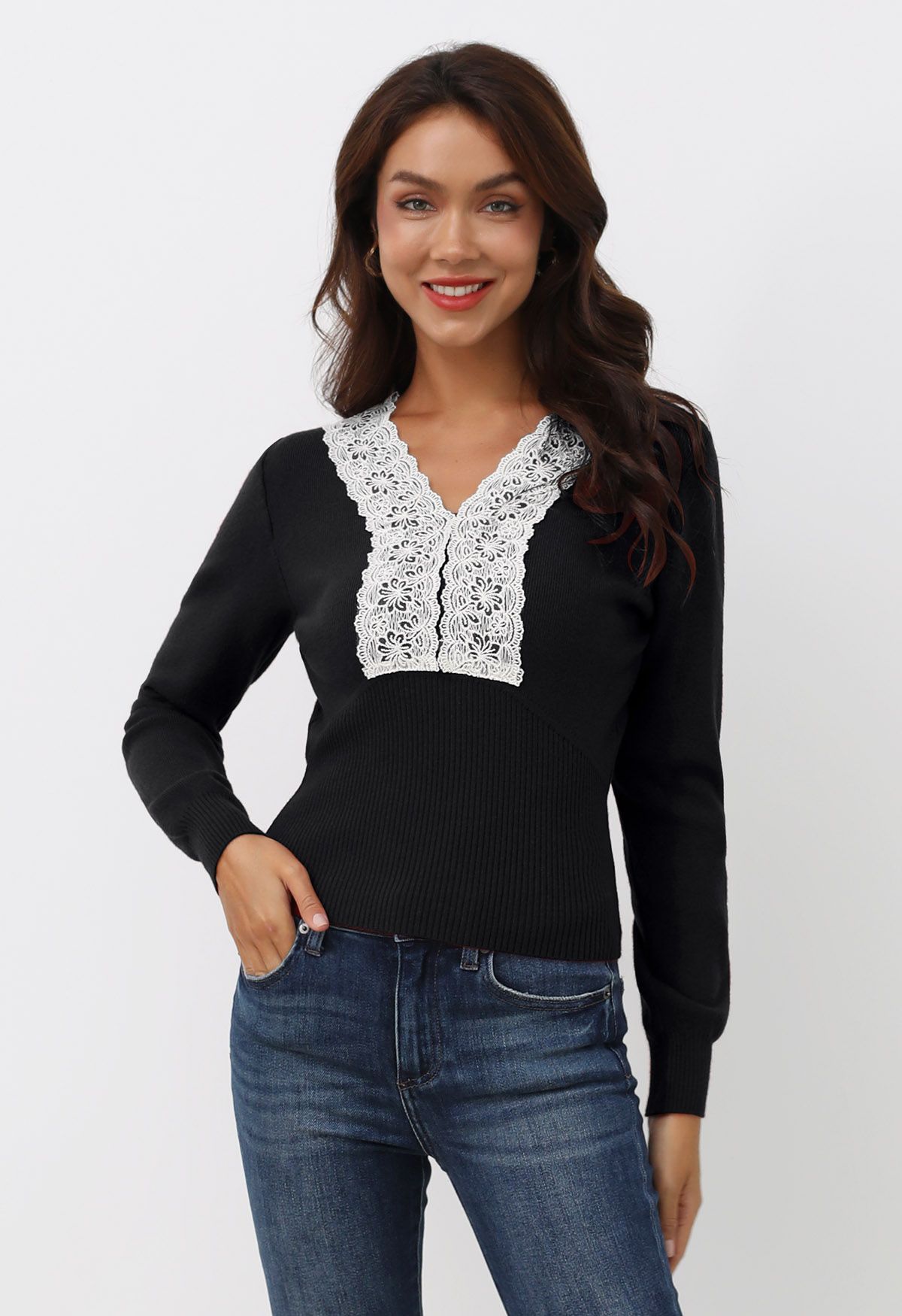 Lace Trim Fitted Knit Top in Black