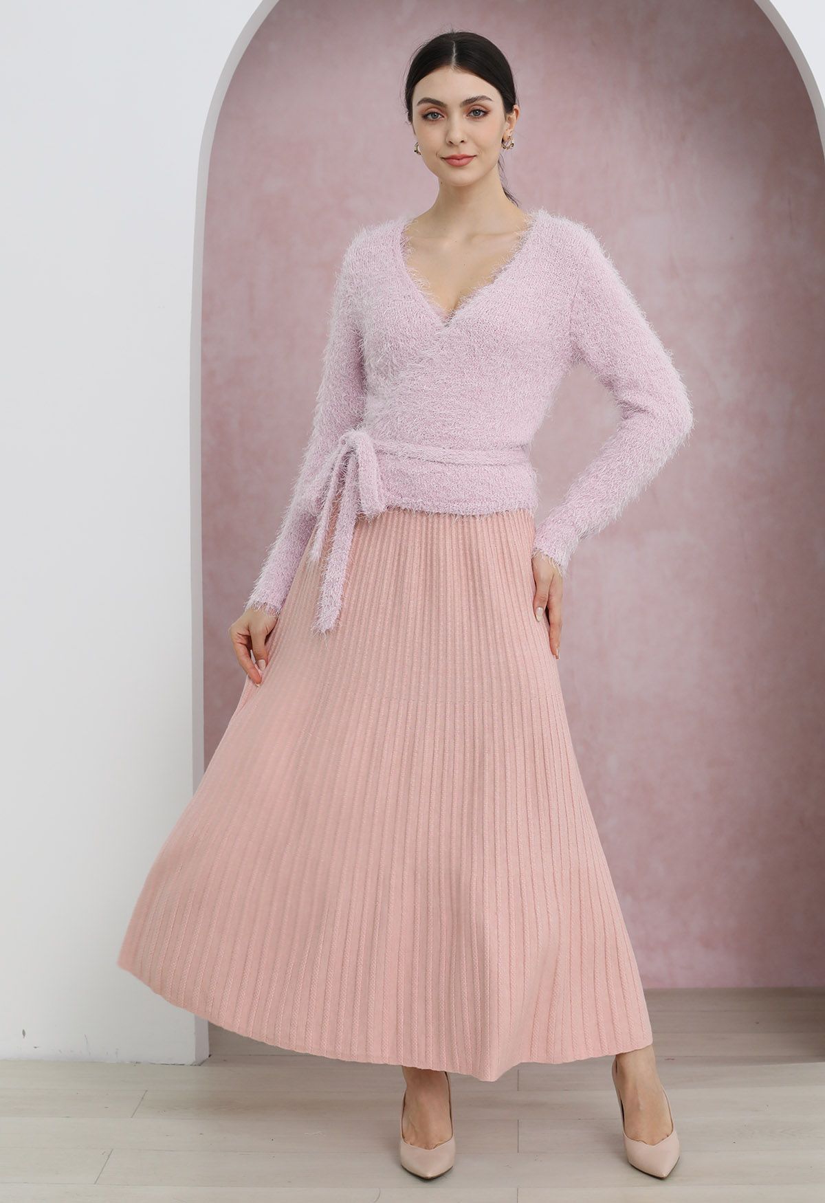 Gentle Touch Ribbed Knit Maxi Skirt in Light Pink