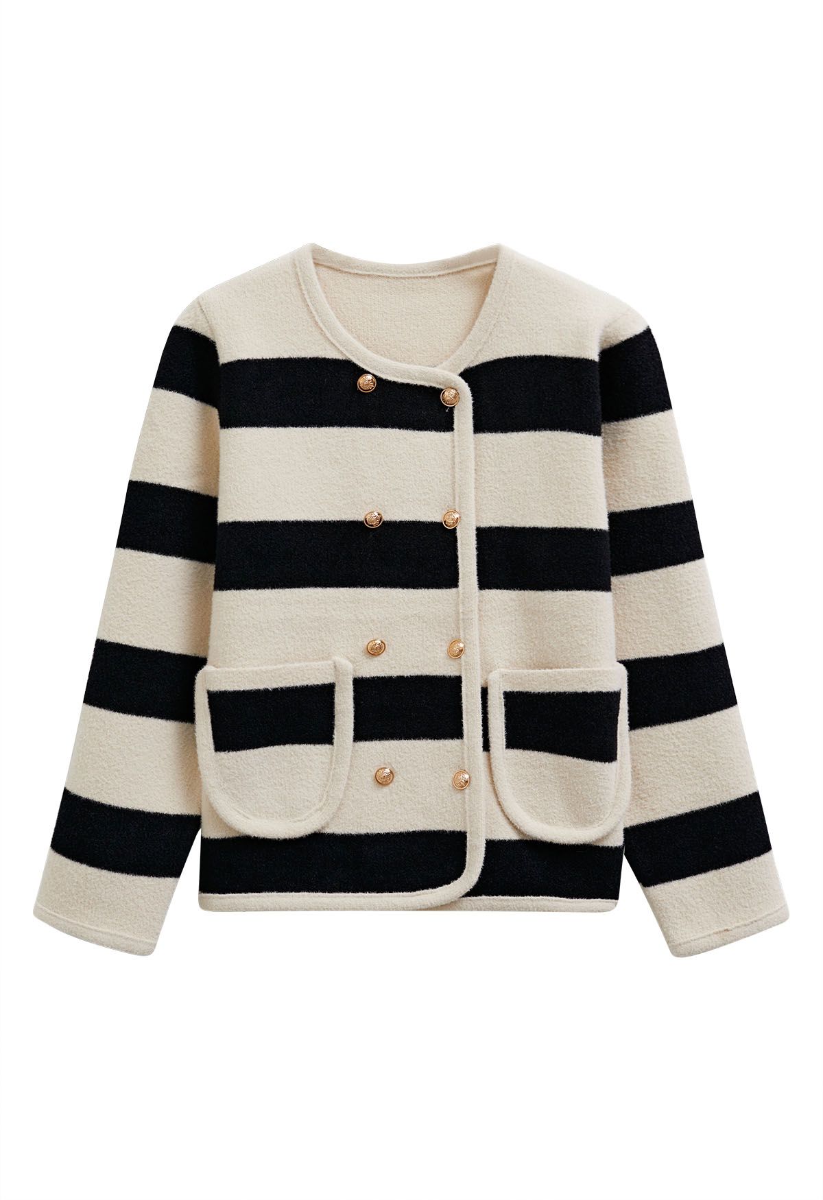 Striped Double-Breasted Patch Pocket Knit Cardigan