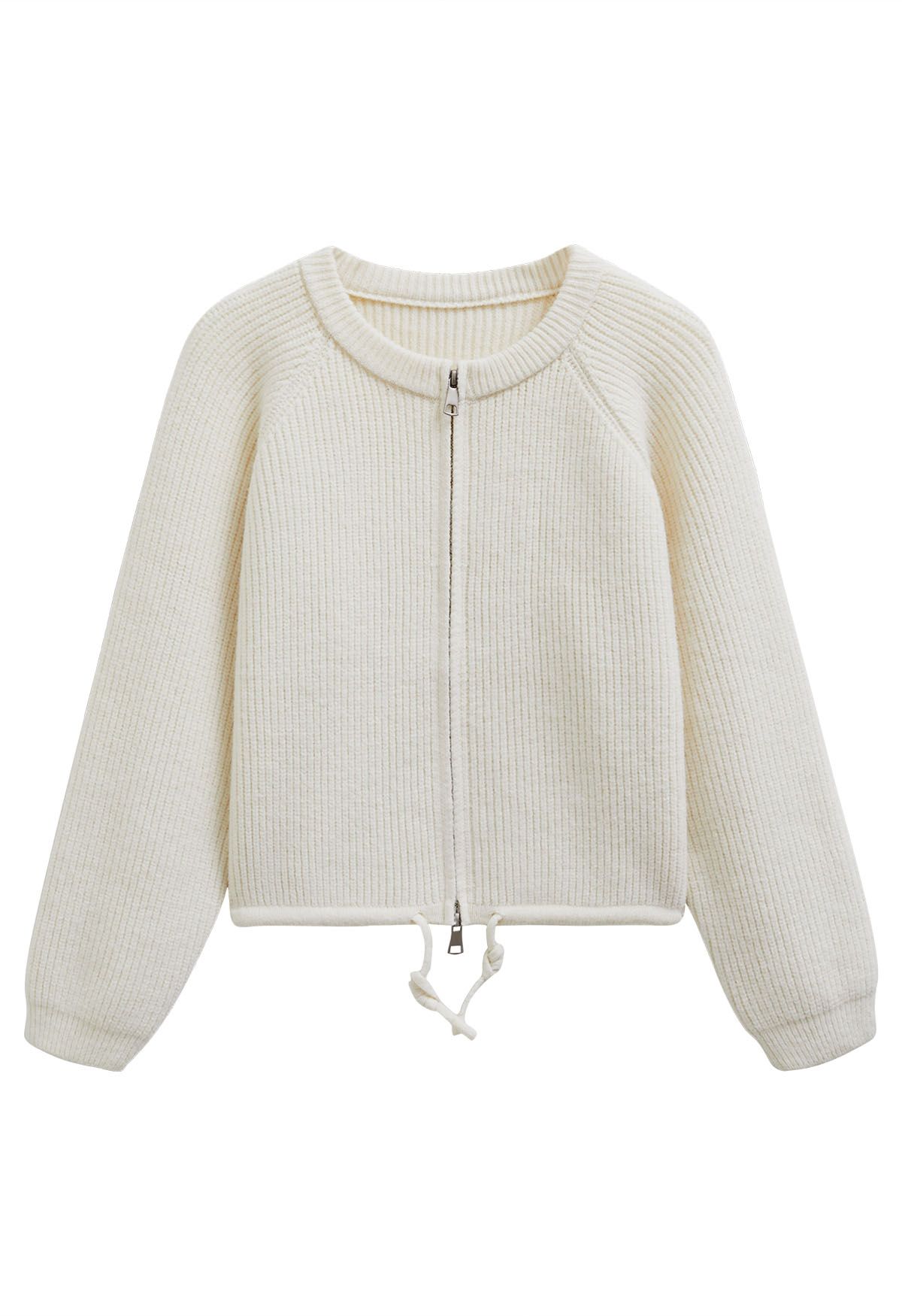 Drawstring Zipper Ribbed Knit Cardigan in Ivory