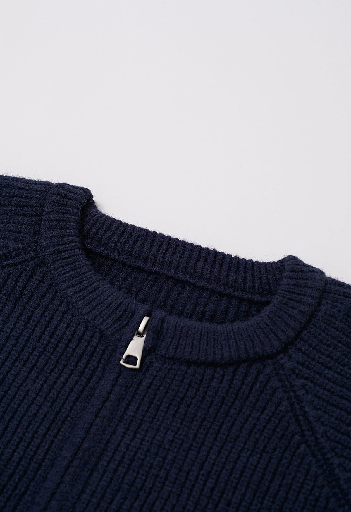 Drawstring Zipper Ribbed Knit Cardigan in Navy