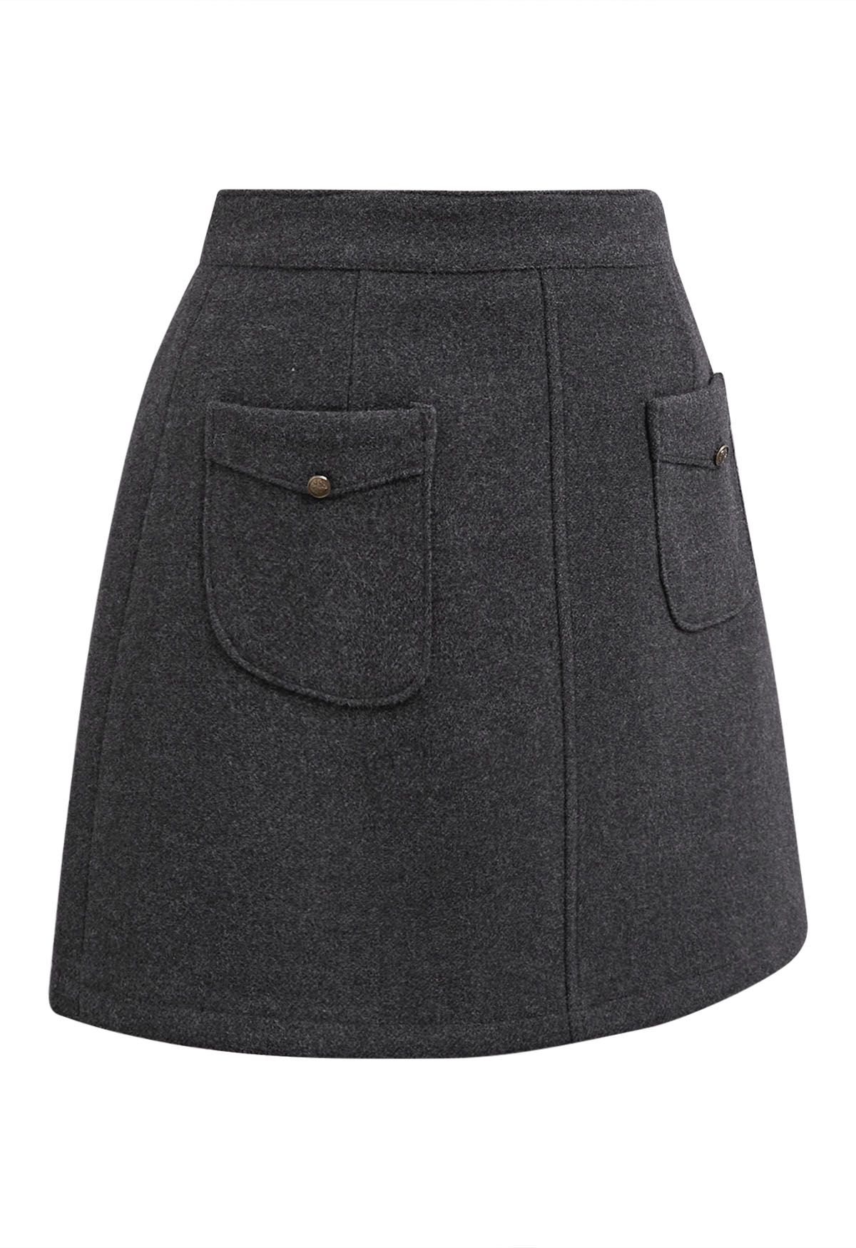 Retro Button Patch Pockets Mini Bud Skirt in Smoke