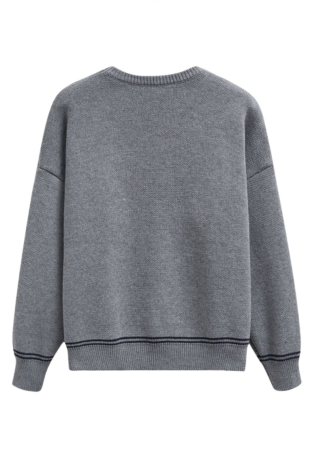 Newport Letter Crew Neck Oversized Knit Sweater in Grey