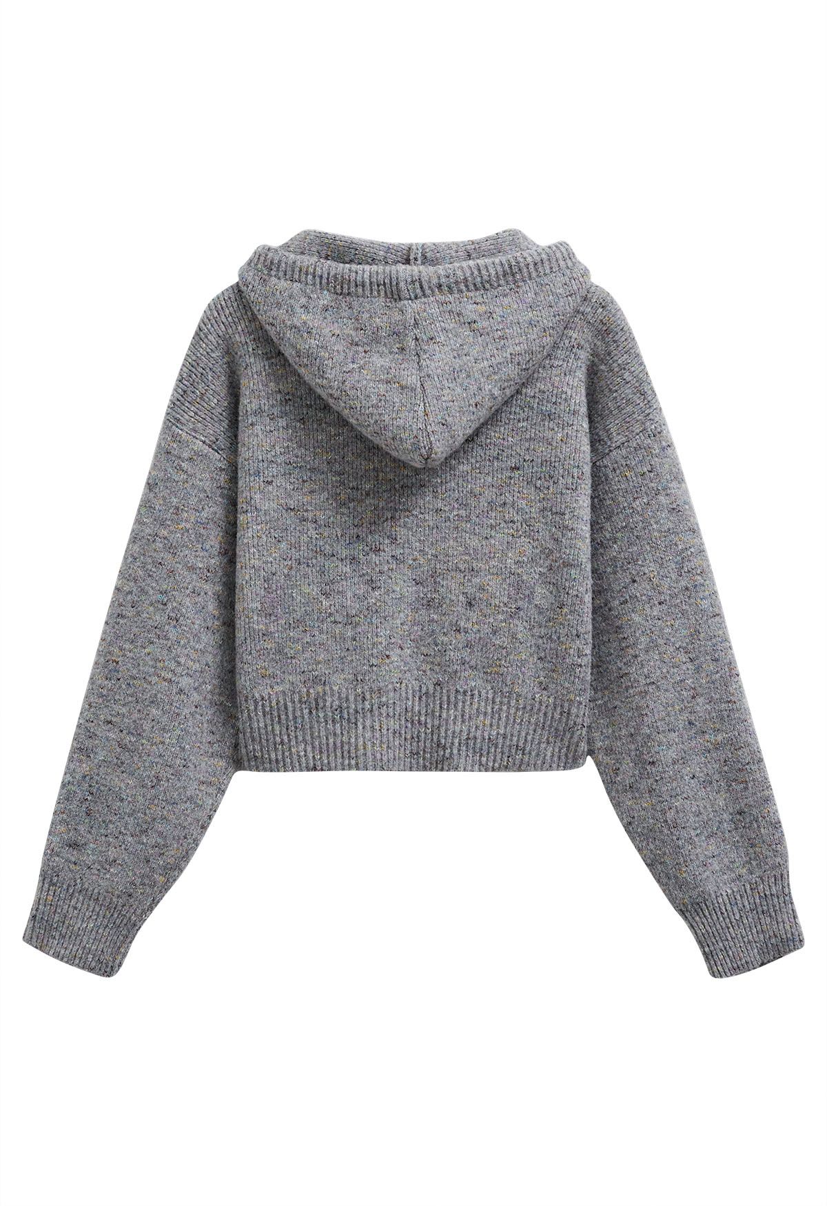 Zipper Drawstring Hooded Confetti Knit Cardigan in Grey