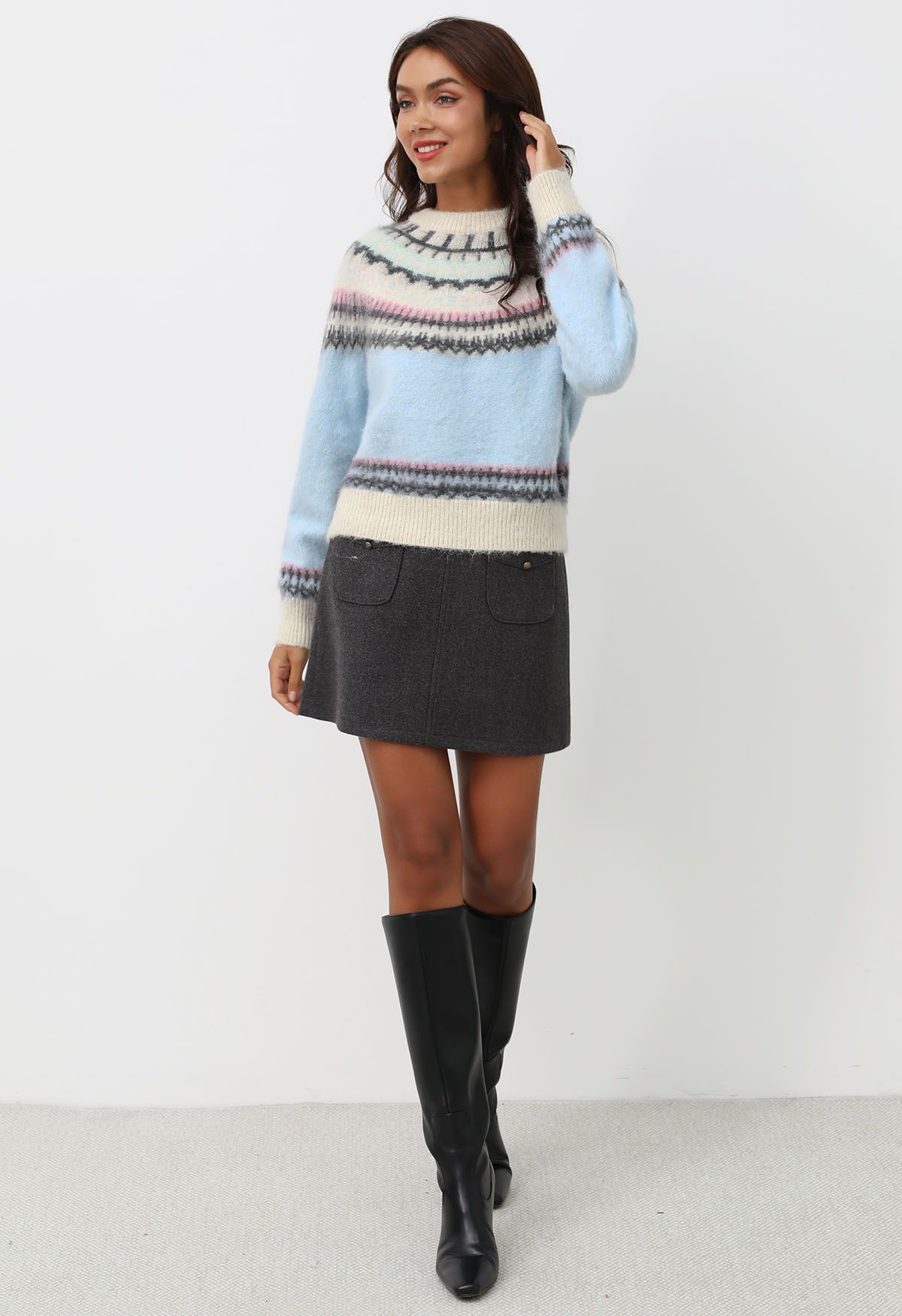 Multicolored Fair Isle Fuzzy Knit Sweater in Baby Blue