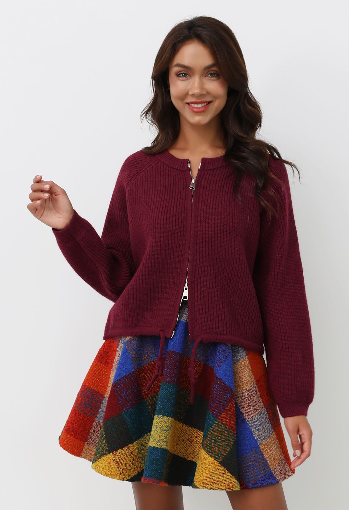 Drawstring Zipper Ribbed Knit Cardigan in Burgundy