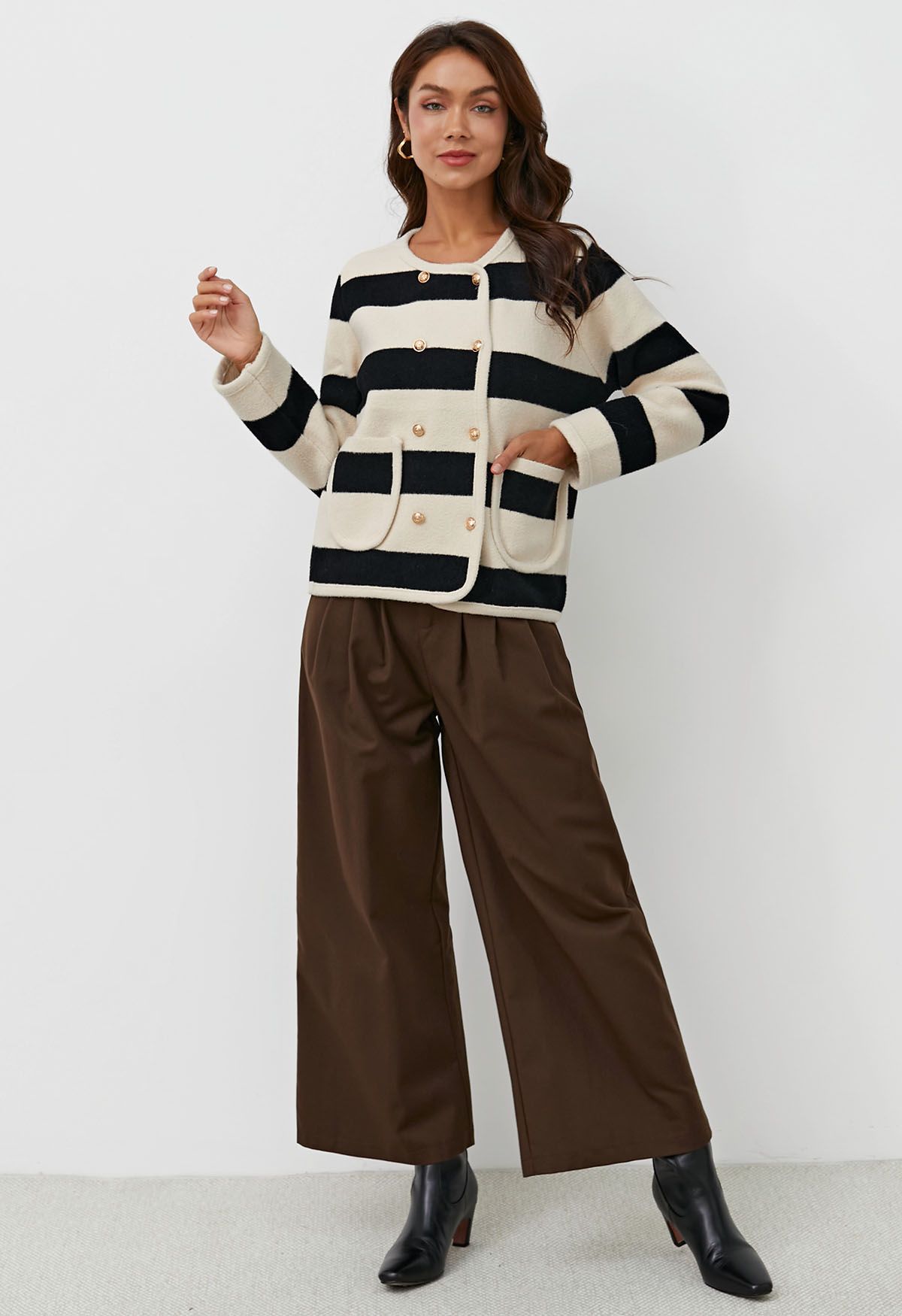 Modern Look Side Pocket Pleats Palazzo Pants in Brown