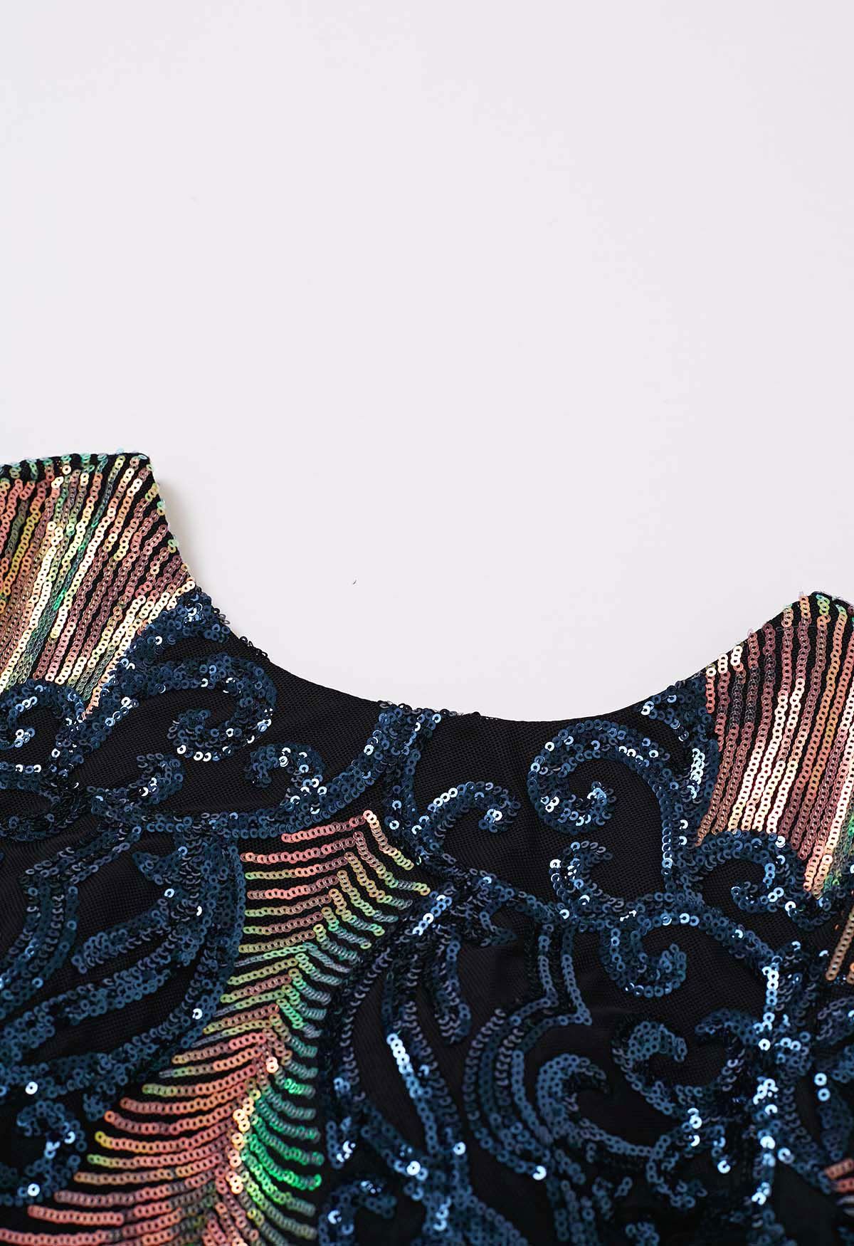 Dazzling Sequins Vine Feather Trim Bodycon Dress in Navy