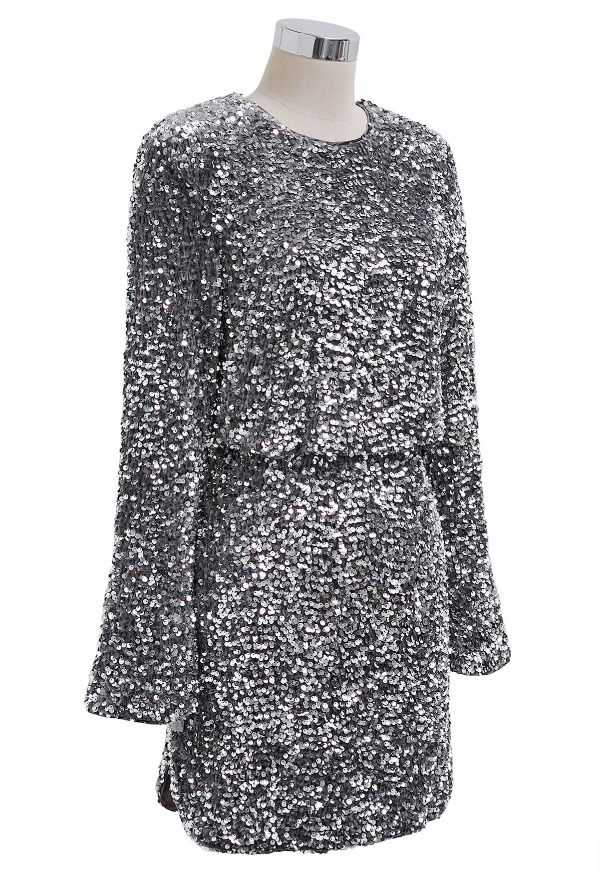 Glistening Silver Sequins Flare Cuffs Velvet Bodycon Dress