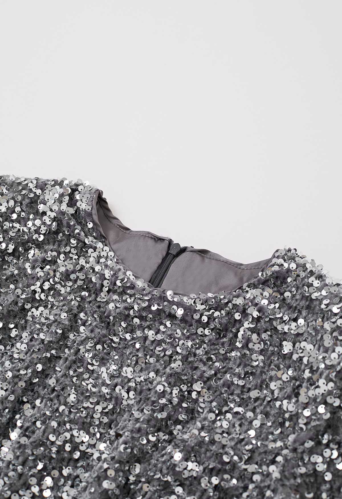 Glistening Silver Sequins Flare Cuffs Velvet Bodycon Dress