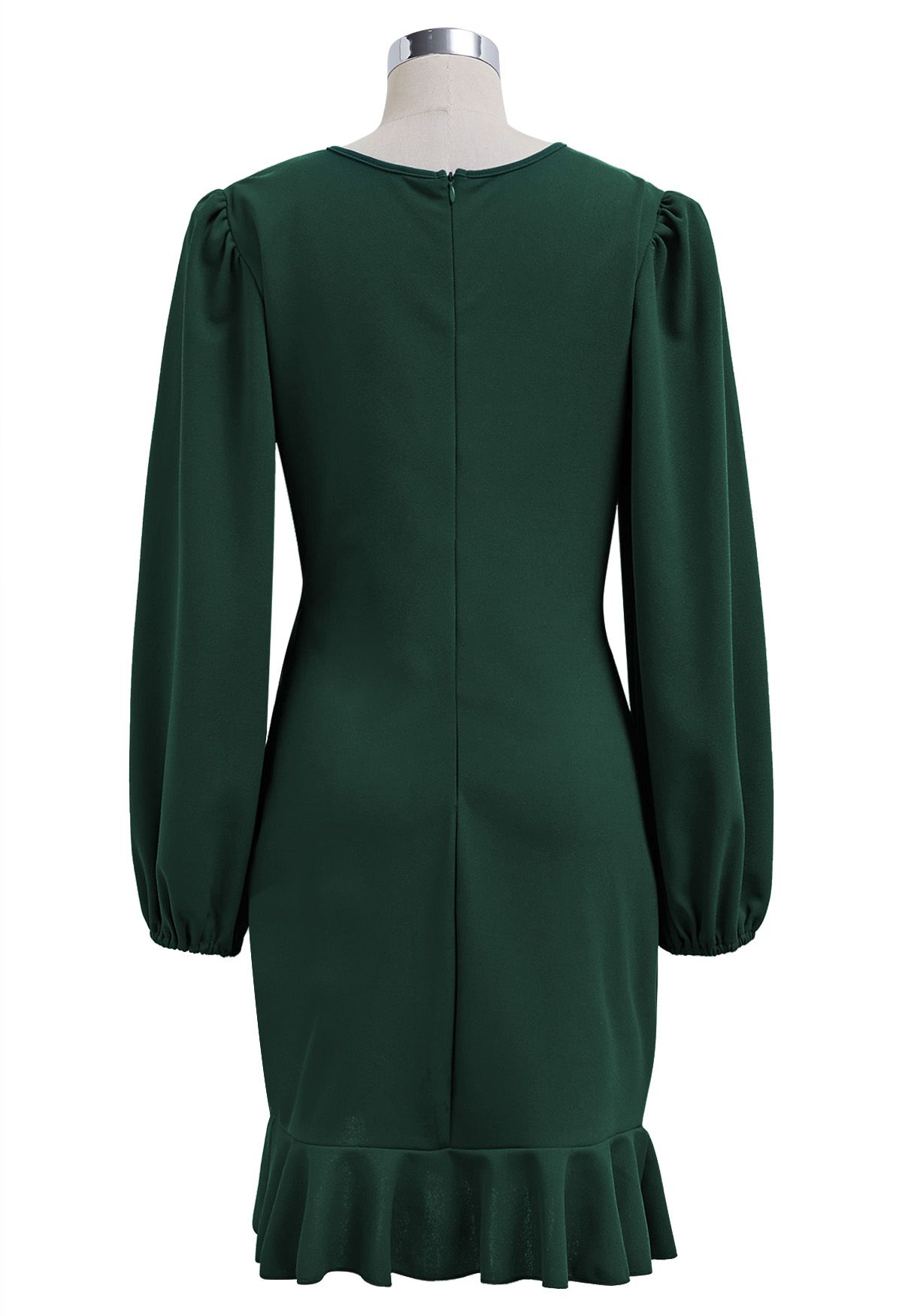 Ruched Side Ruffle Tulip Mini Dress in Dark Green