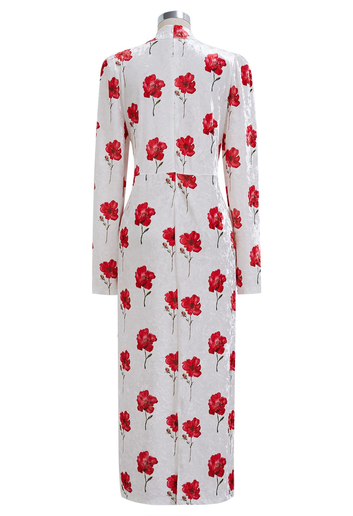 Velvet Floral Printed Tie Sash Midi Dress in White