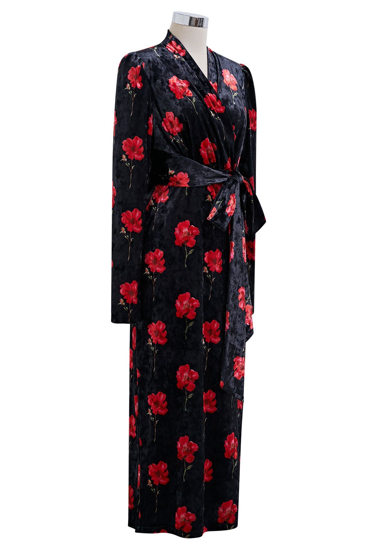 Velvet Floral Printed Tie Sash Midi Dress in Black