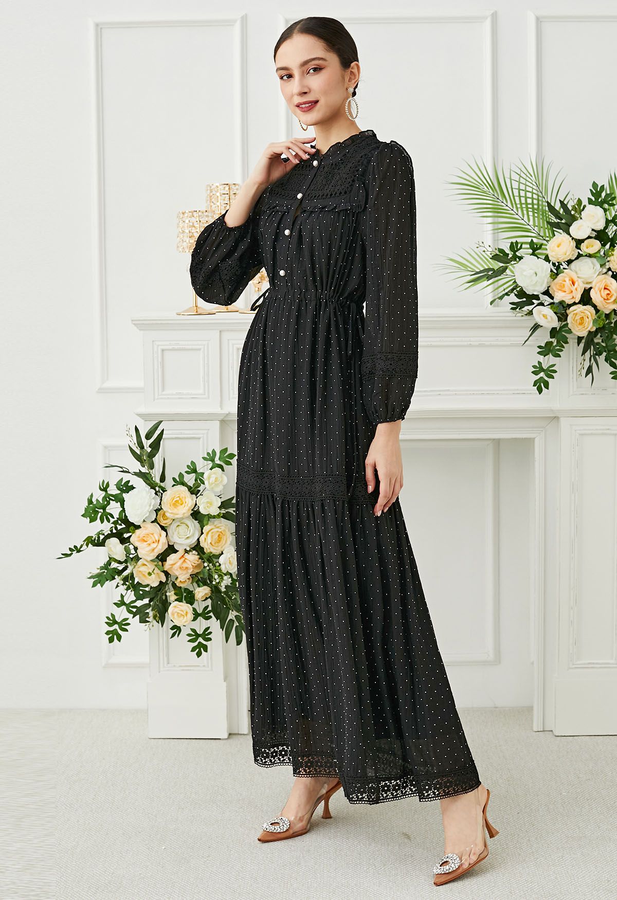 Rhinestone Dots Crochet Buttoned Maxi Dress in Black